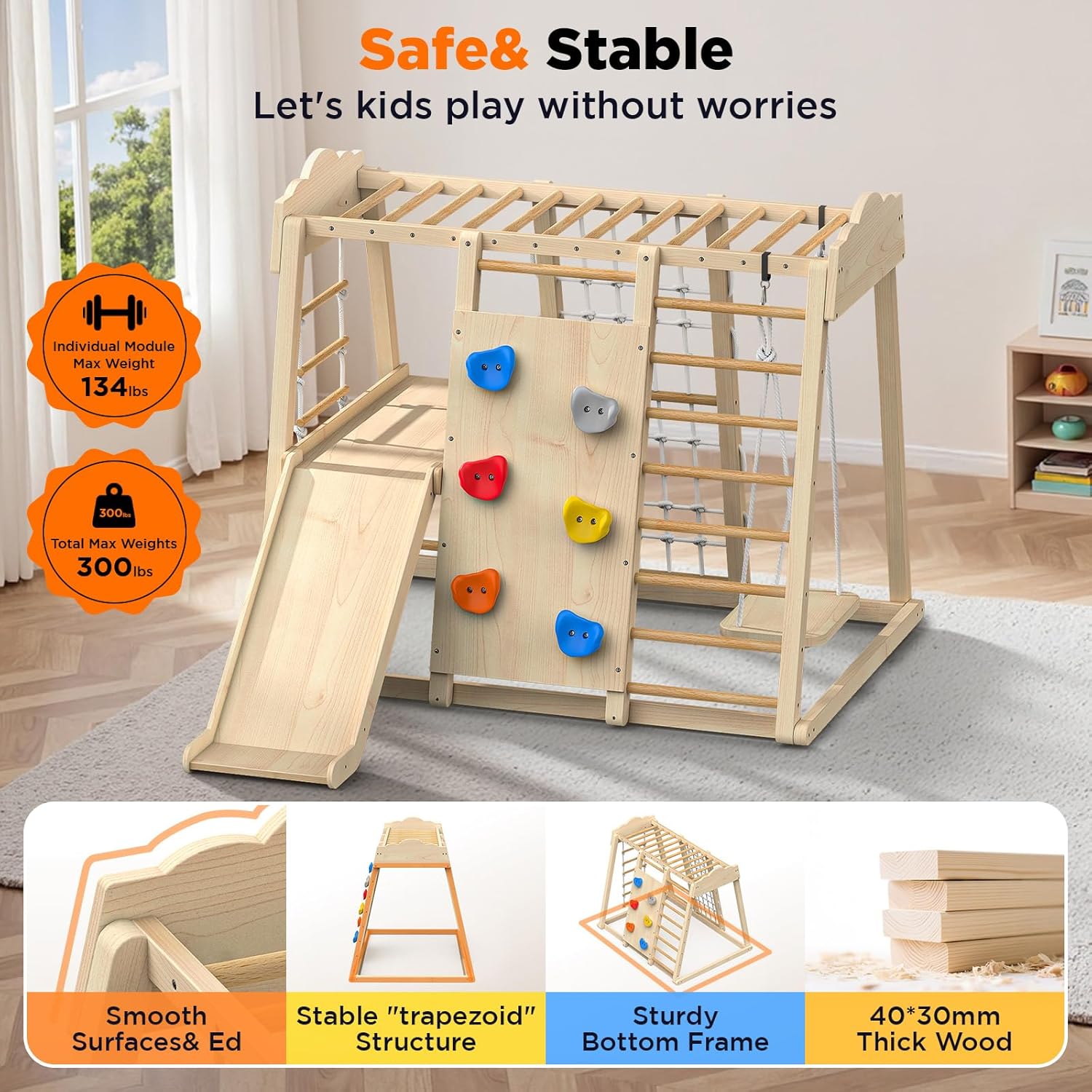 8-in-1 Indoor Wooden Jungle Gym with Slide, Swing & Monkey Bars