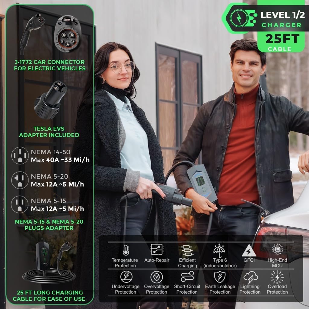 MACH 3 Portable EV Charger, 40A, Level 1&2, NEMA 14-50, 25ft Cable