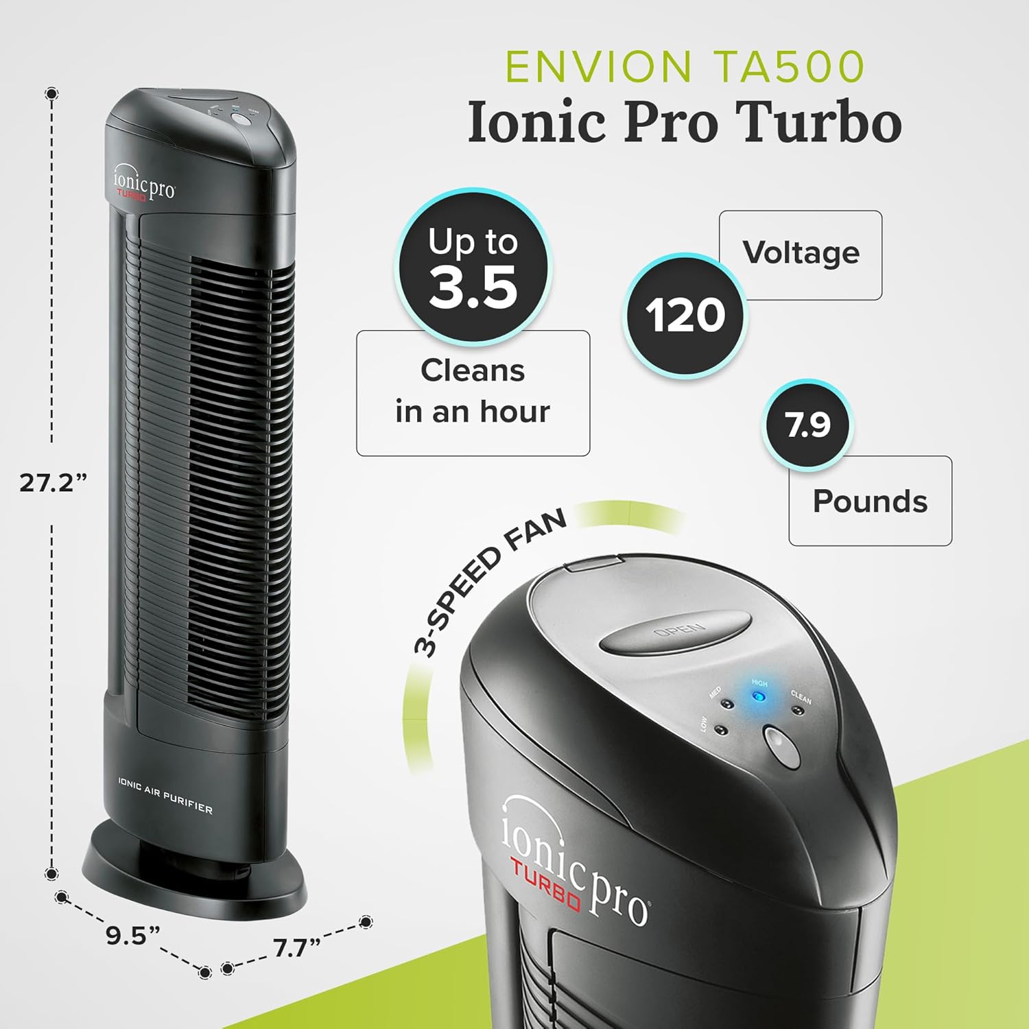 Ionic Pro Turbo TA550 Air Purifier, Filterless, 500 Sq Ft, Black