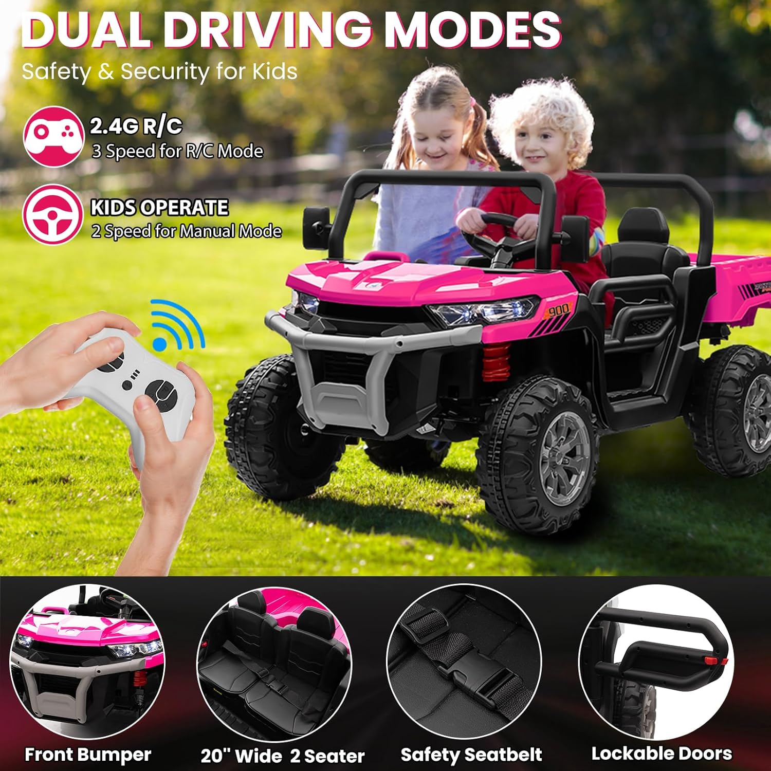 24V 4WD Ride-On Truck, 4x200W Motor, Dump Bed, Remote, Pink