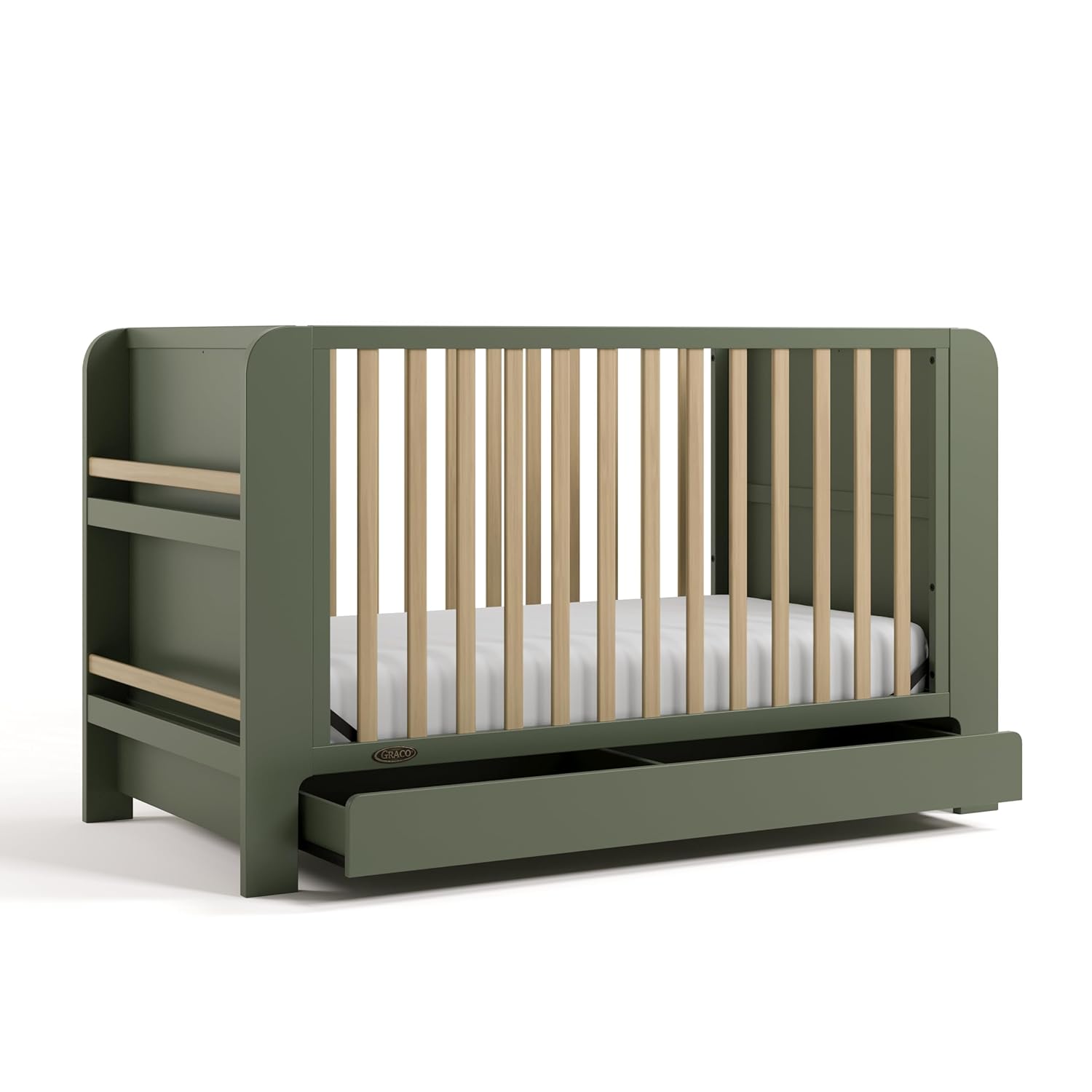 Graco Read-with-Me 4-in-1 Convertible Crib with Drawer, Olive/Driftwood