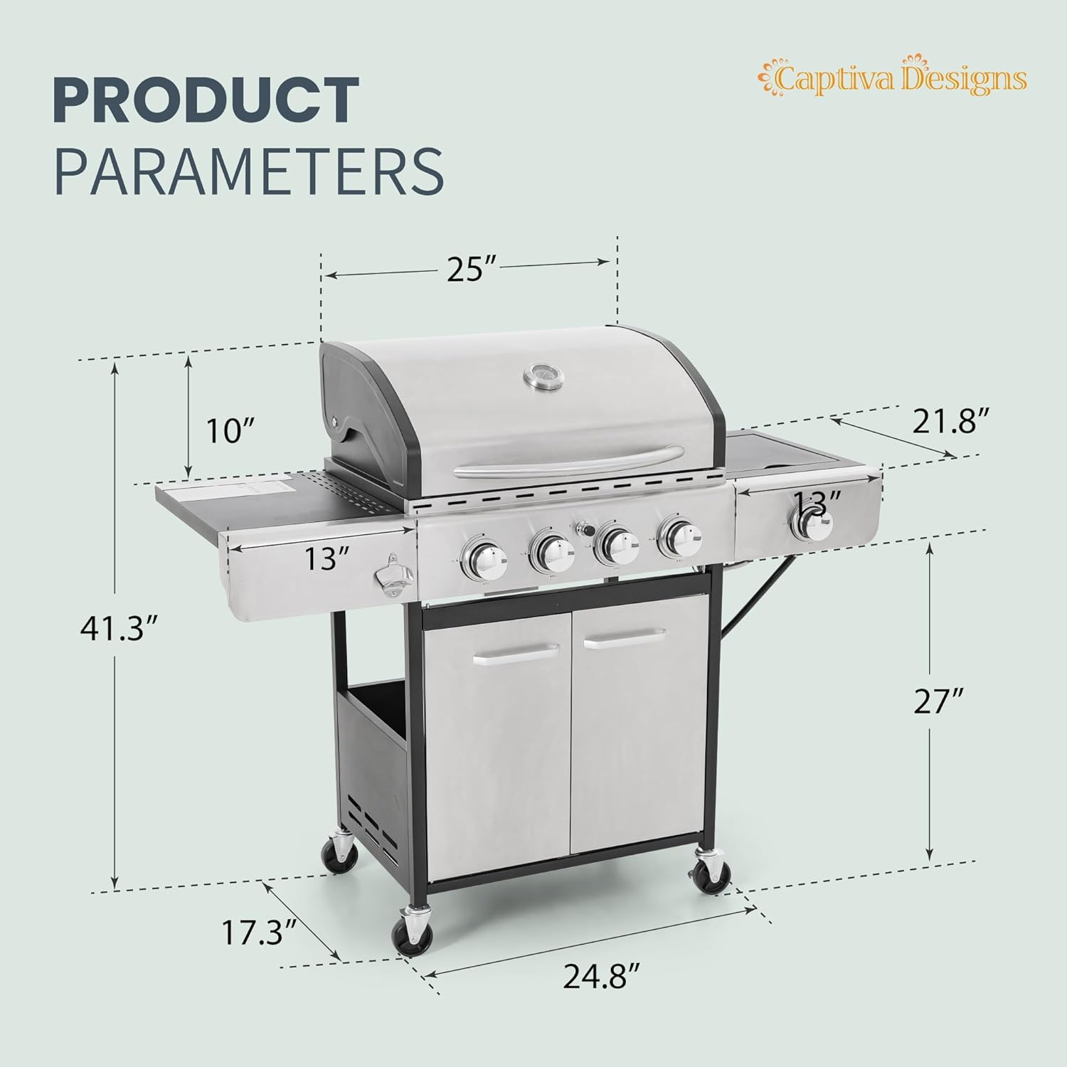 Captiva Designs 4-Burner Gas Grill, Side Burner, 42,000 BTU, Stainless