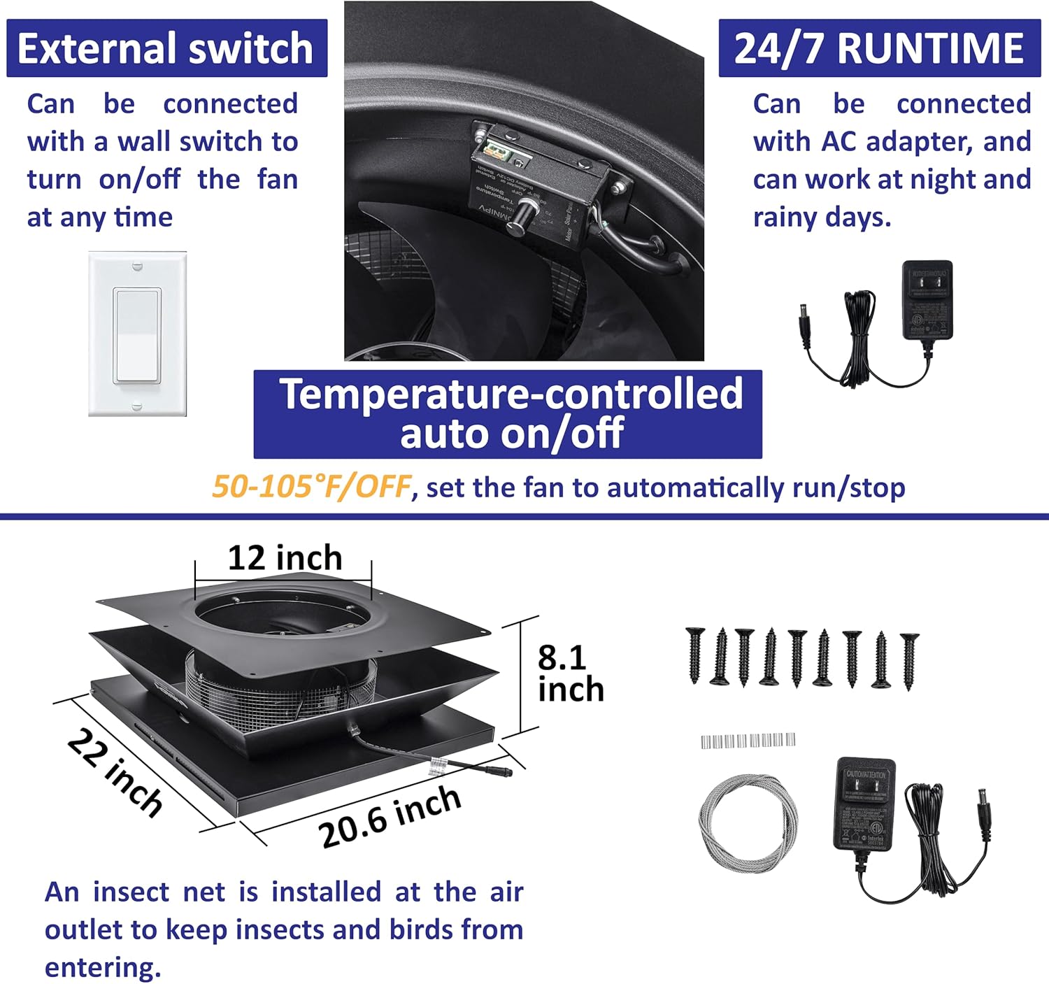 Smart Hybrid Solar Attic Fan Pro, 2850 CFM, 50W Panel, Thermostat