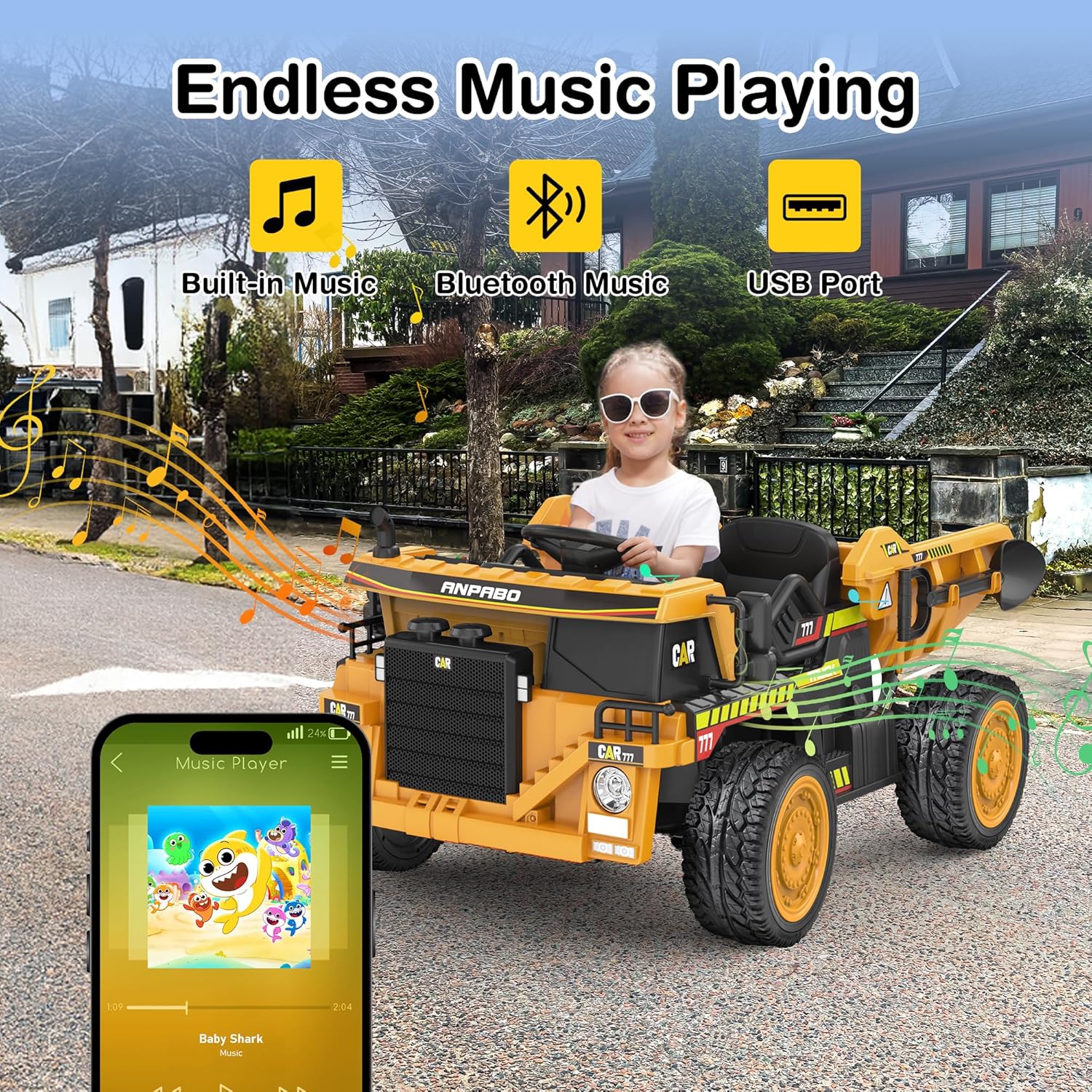 ANPABO 24V Ride-On Dump Truck, 2x75W Motors, Remote, Yellow