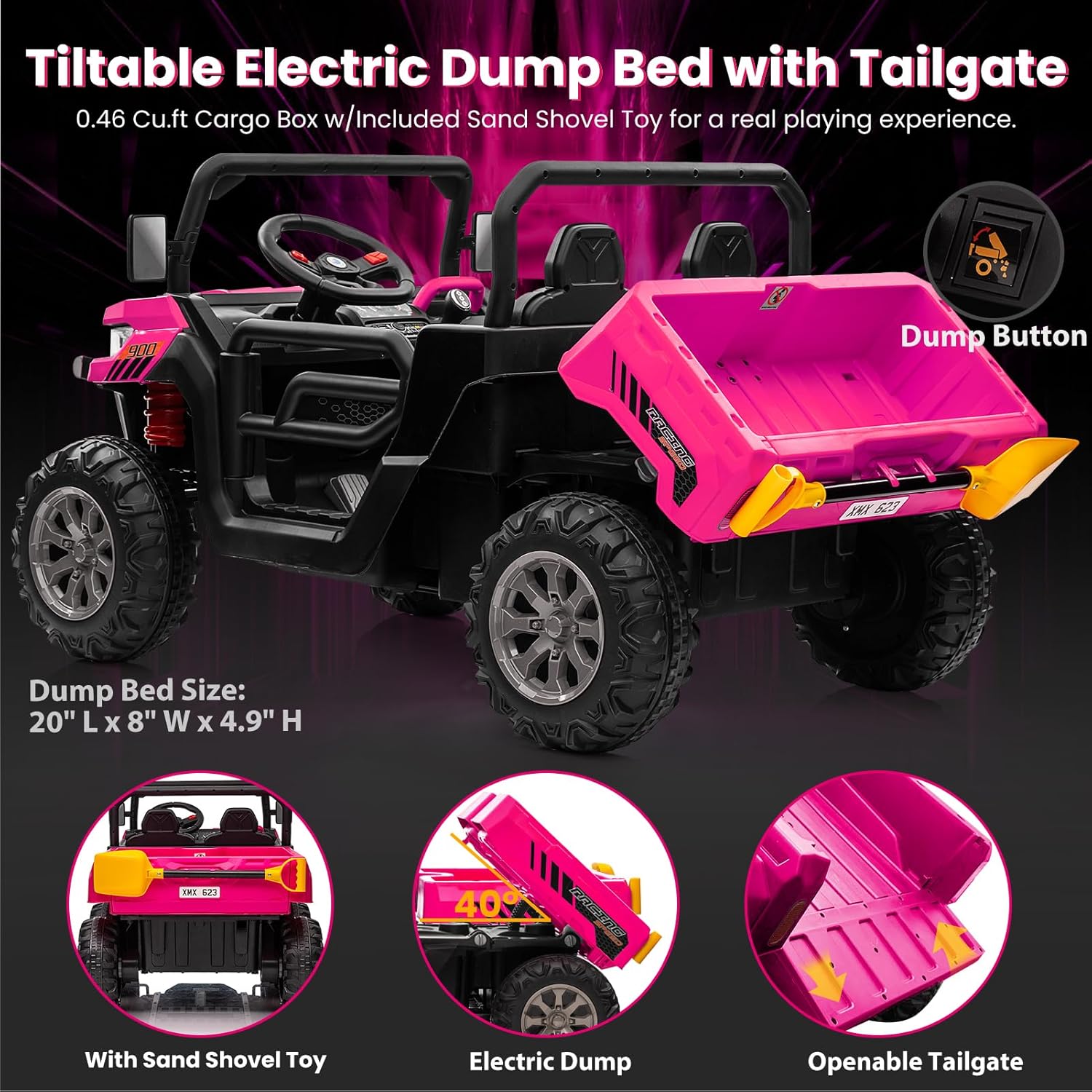 24V 4WD Ride-On Truck, 4x200W Motor, Dump Bed, Remote, Pink