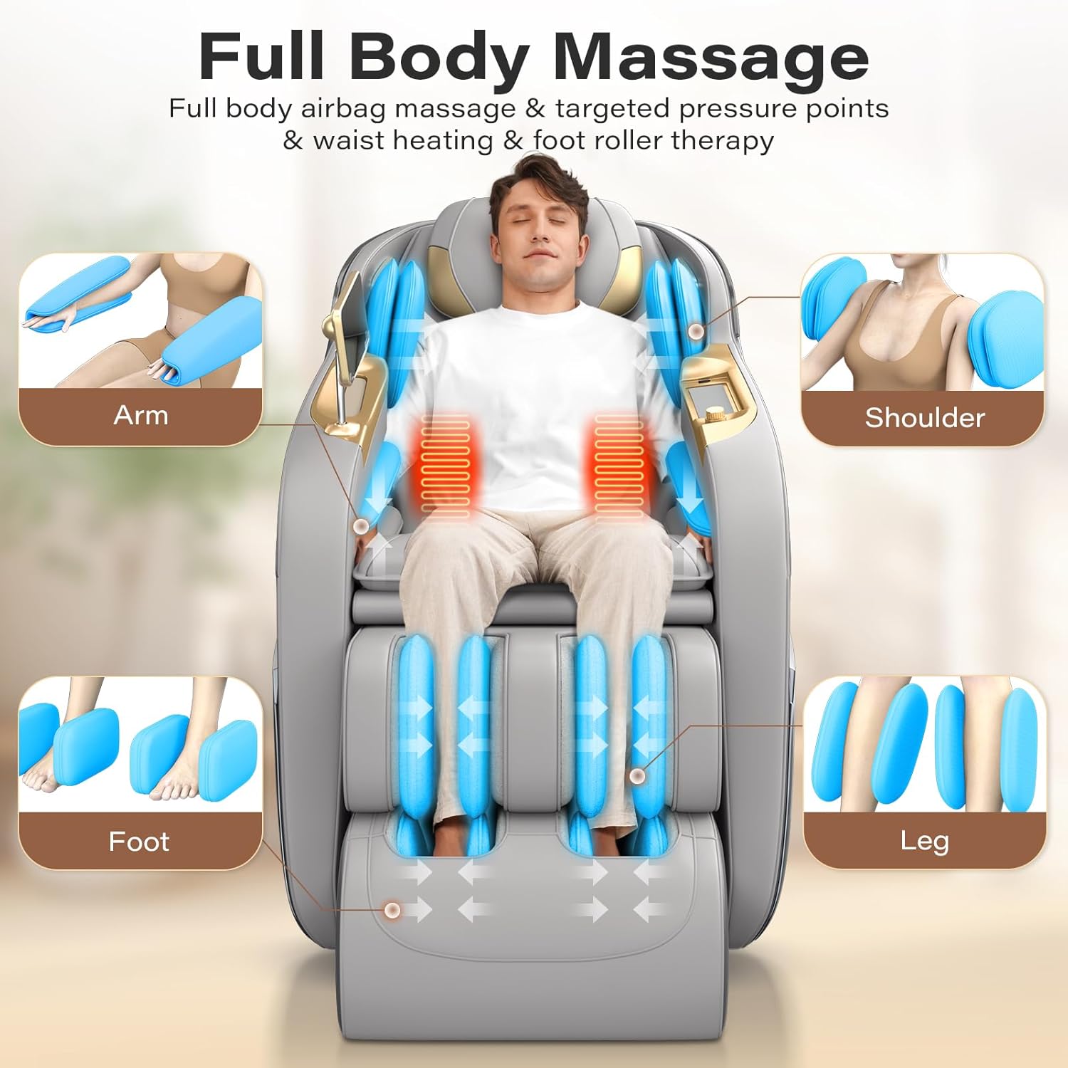 TLIFE Full Body Massage Chair, Zero Gravity, SL-Track, Foot Rollers, Heating, Grey