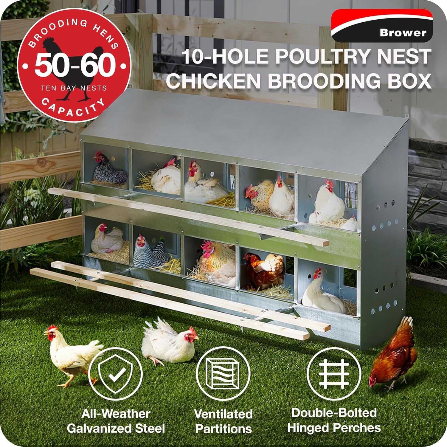 Brower 2-Tier 10-Hole Chicken Nesting Box, 50–60 Hen Capacity, Galvanized