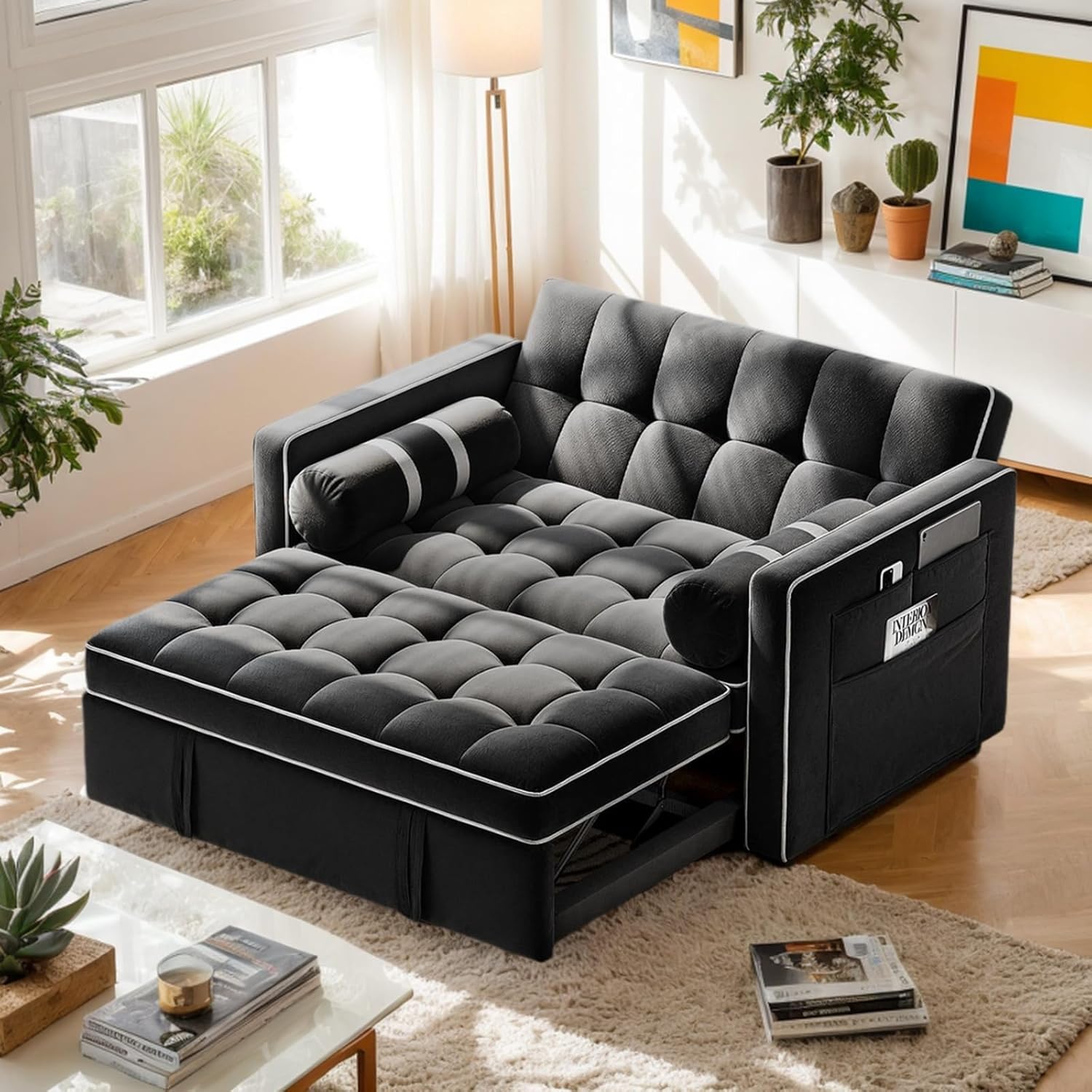 Pipishell 3-in-1 Sleeper Sofa Bed with USB & Side Pockets, Black