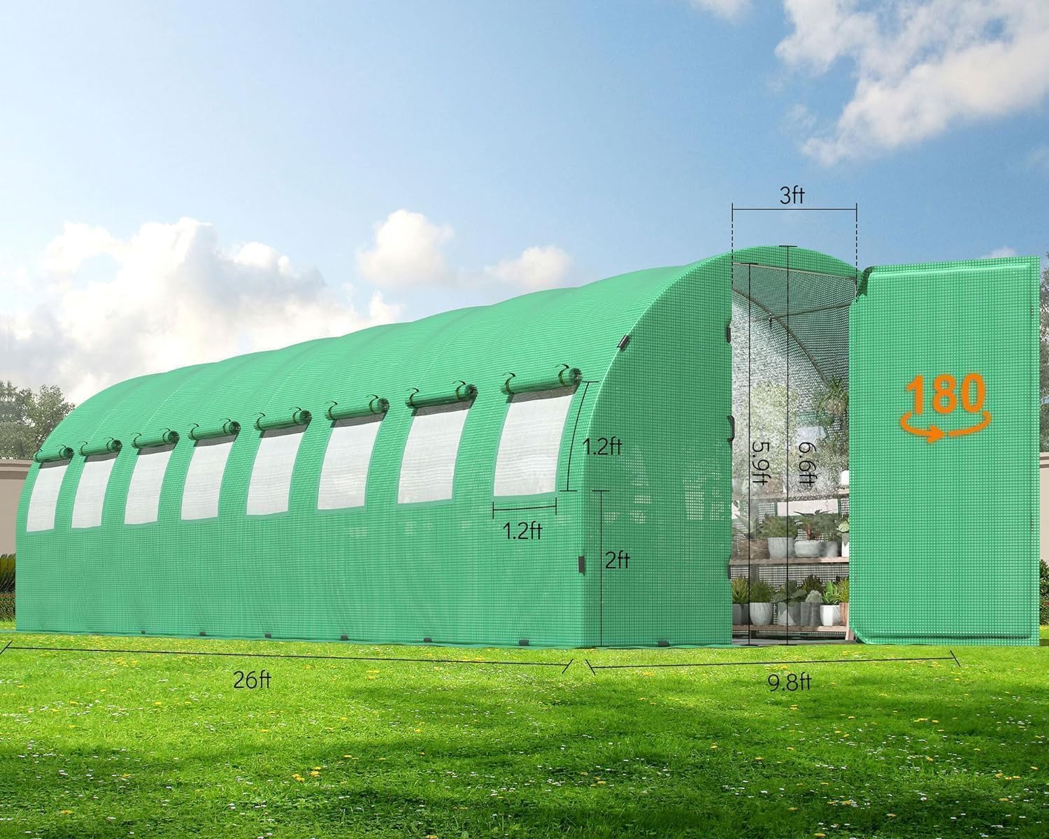 HOWE Heavy Duty Tunnel Greenhouse Kit, 26x10x7FT, Watering System