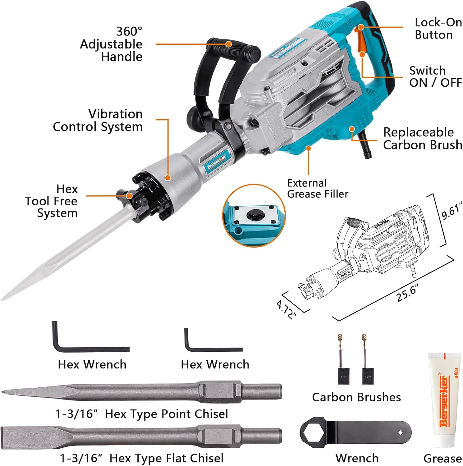 Berserker 1700W Demolition Jack Hammer, 30lb, 14A, Chisels Included