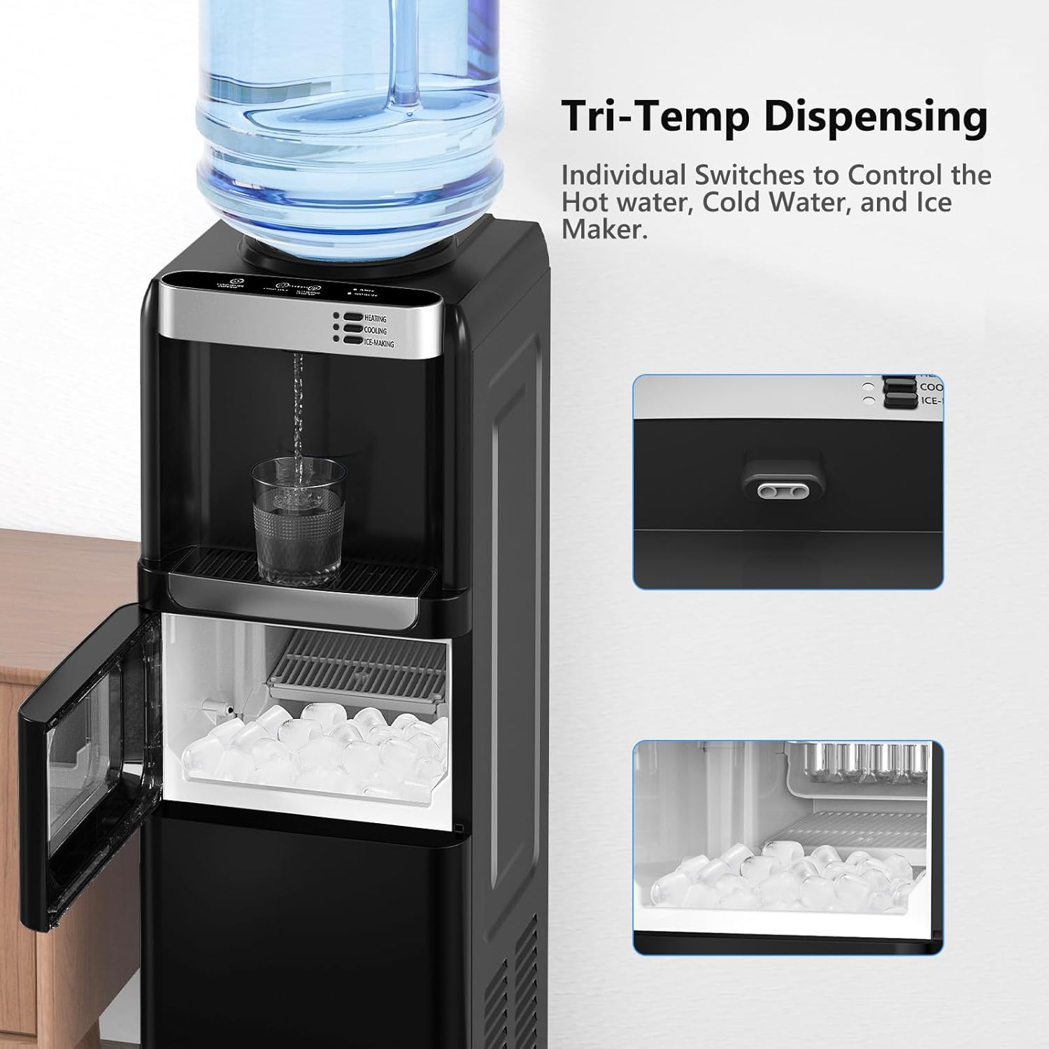 Top Loading Water Dispenser with Ice Maker, Hot & Cold, 5 Gallon, Child Lock, Black