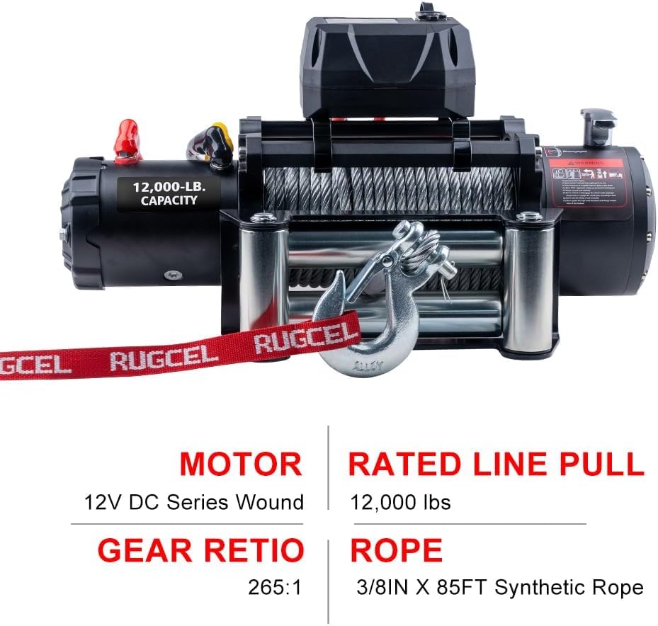 RUGCEL 12000lb Electric Winch, Steel Rope, Waterproof, 12V