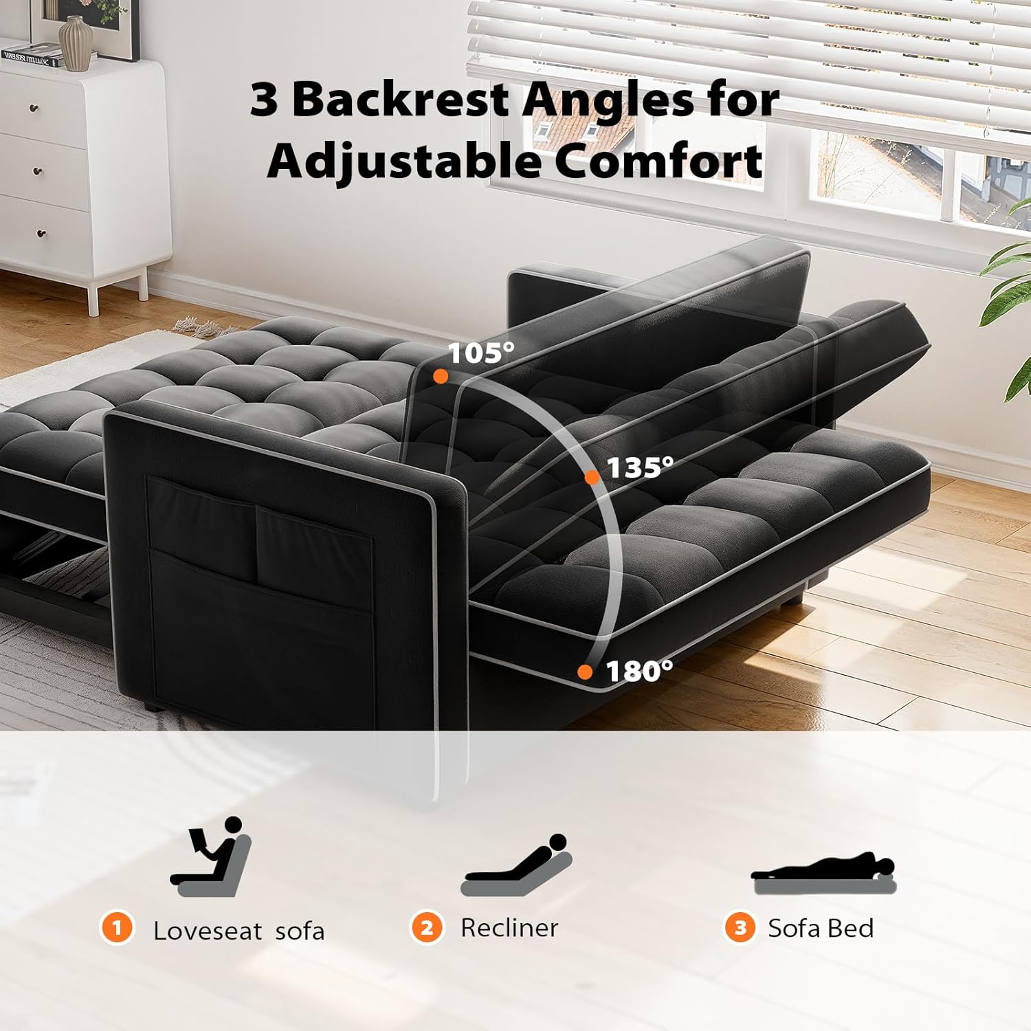 Pipishell 3-in-1 Sleeper Sofa Bed with USB & Side Pockets, Black