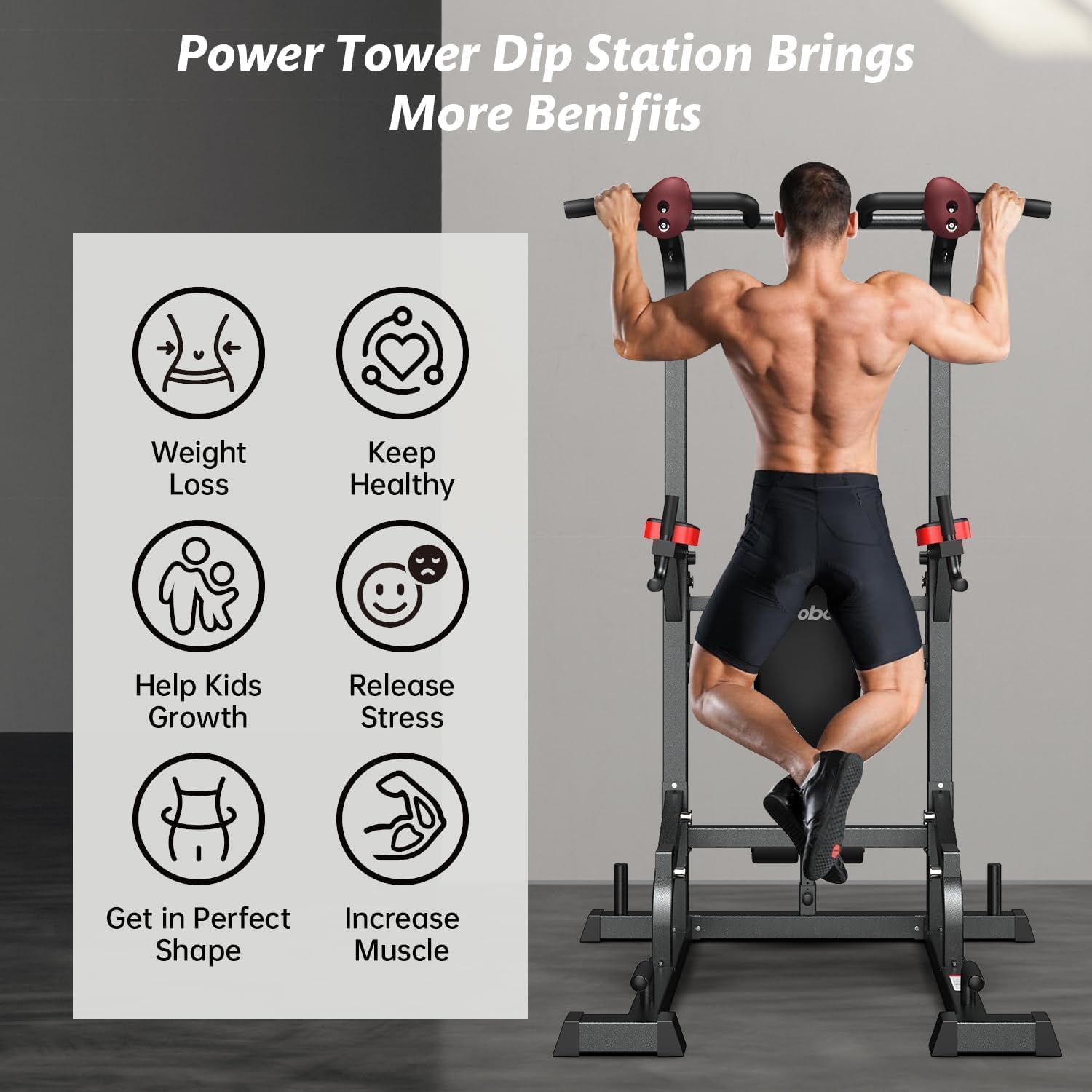 Pooboo Power Tower Dip Station, Pull-Up Bar, Supine Board, Adjustable
