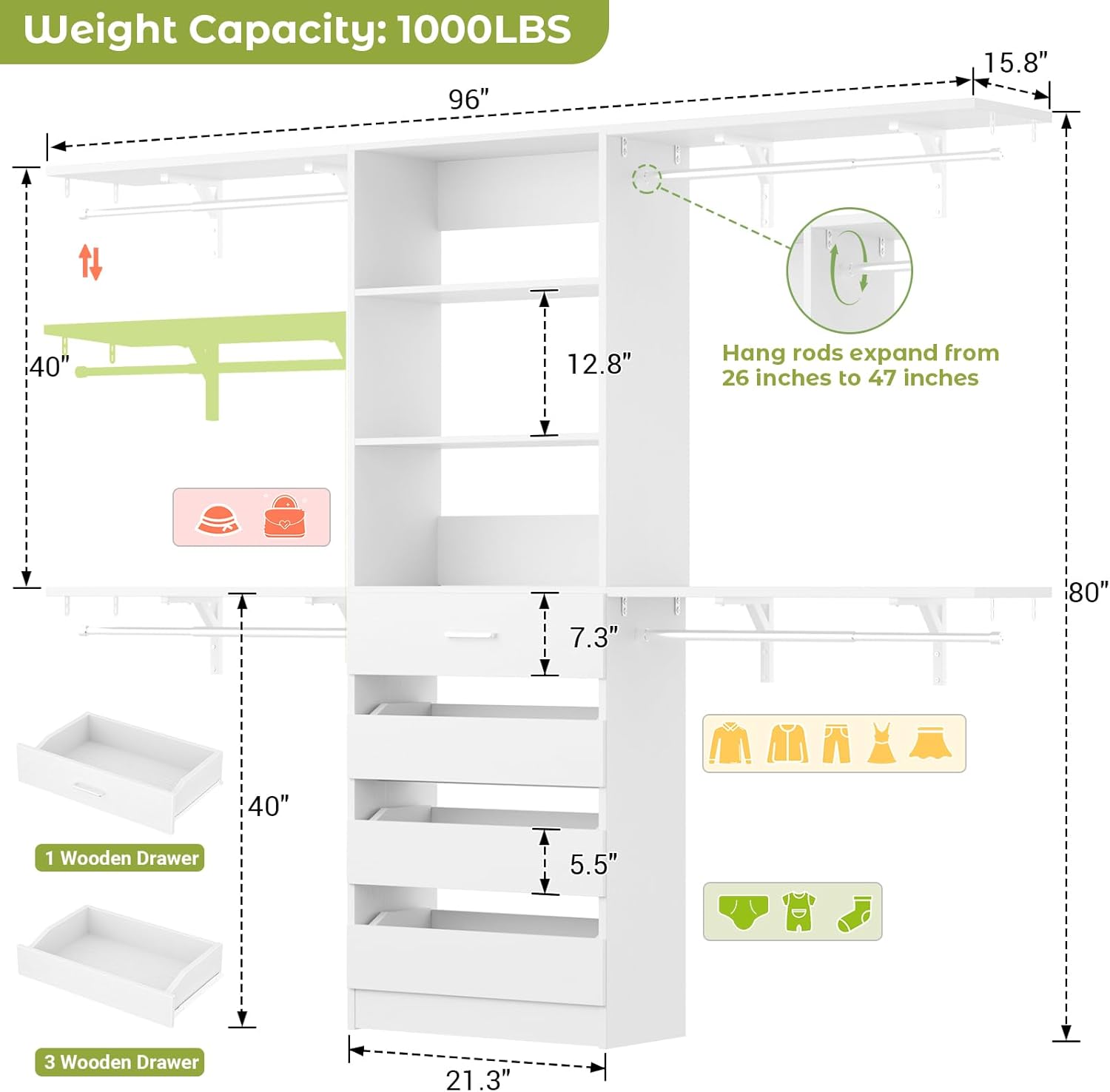 Aheaplus 8FT Closet System with 4 Drawers & Shelves, White