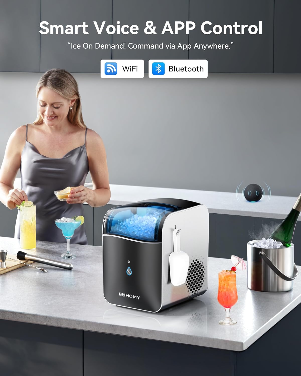 EUHOMY Smart Nugget Ice Maker, 40lbs/Day, APP Control, Countertop
