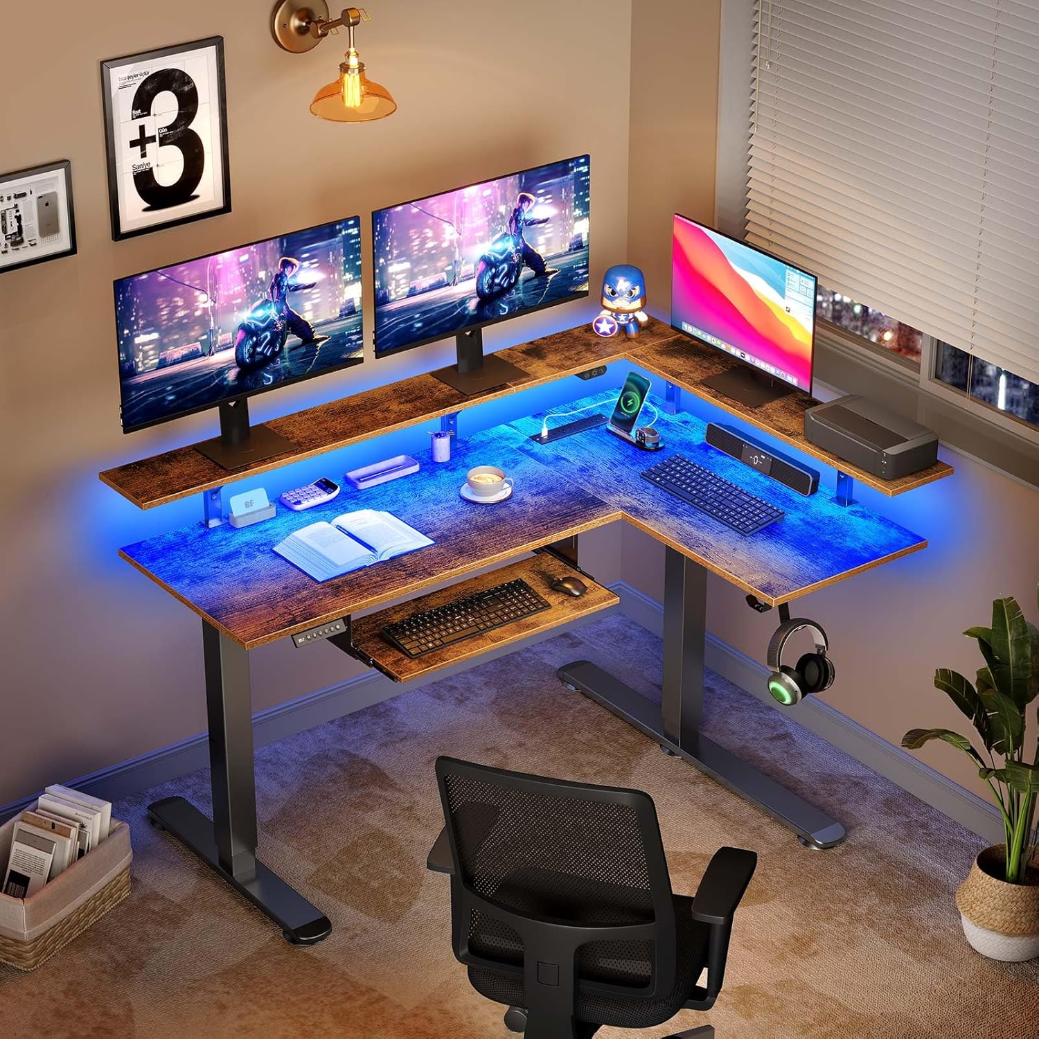 Rolanstar L-Shaped Electric Standing Desk, LED, Dual Motor, 61.2