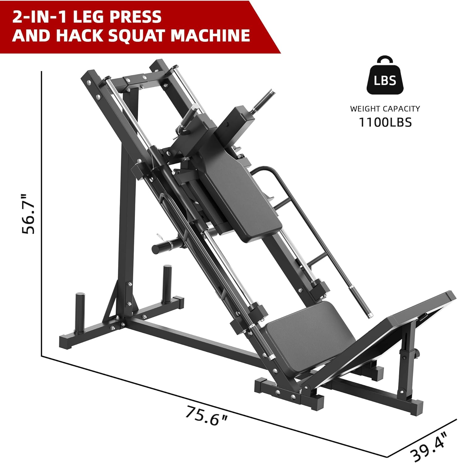 Leg Press Hack Squat Machine, 1100lb Capacity, Plate Loaded, Black