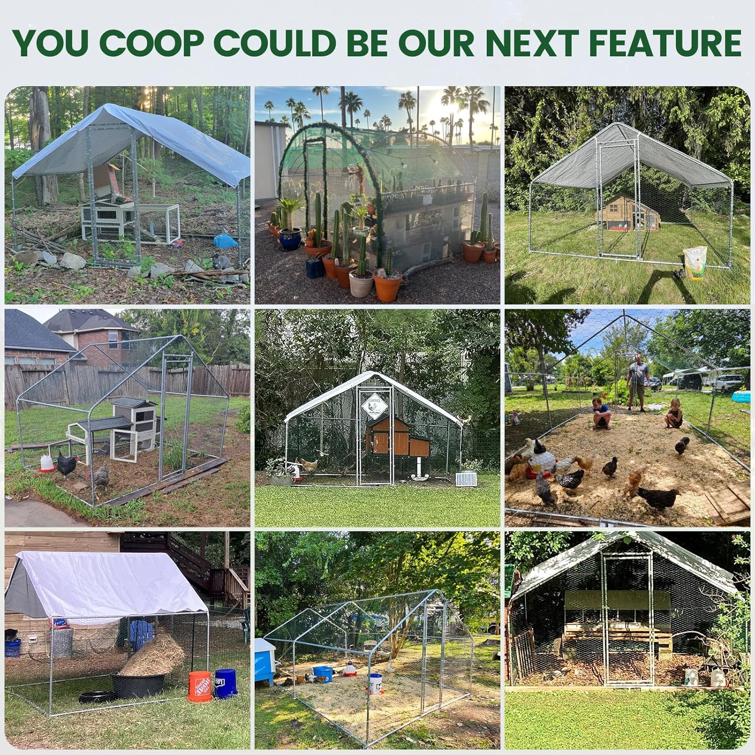 Large Walk-in Metal Chicken Coop with Run, Solar Light, UV Cover