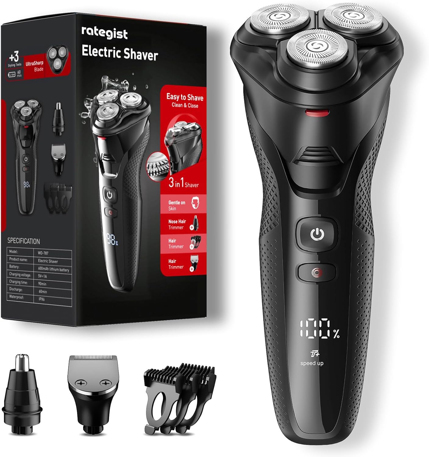 Cordless Electric Razor for Men, 3-in-1, IPX7 Waterproof, Grey