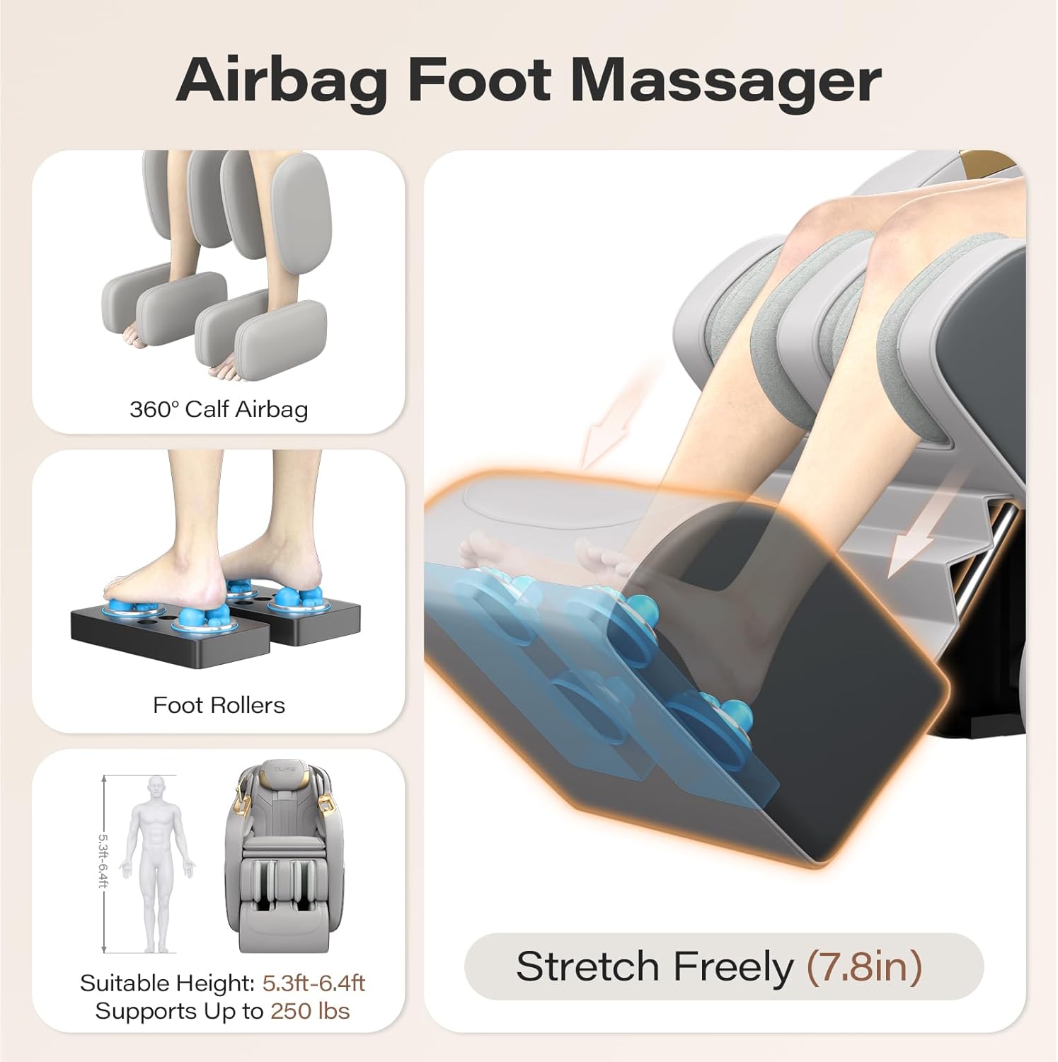 TLIFE Full Body Massage Chair, Zero Gravity, SL-Track, Foot Rollers, Heating, Grey