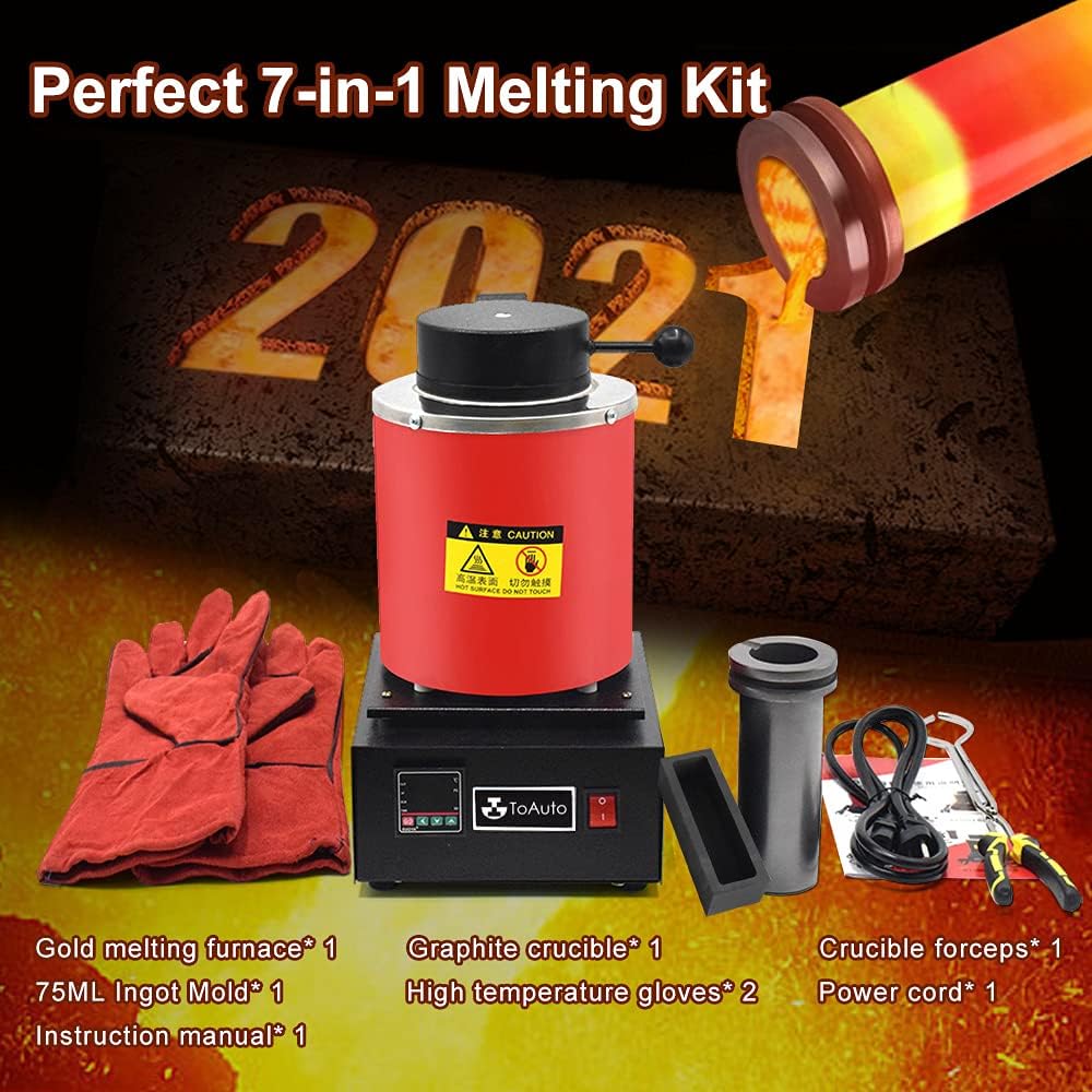 TOAUTO 3KG Gold Melting Furnace, 1400W, Graphite Crucible