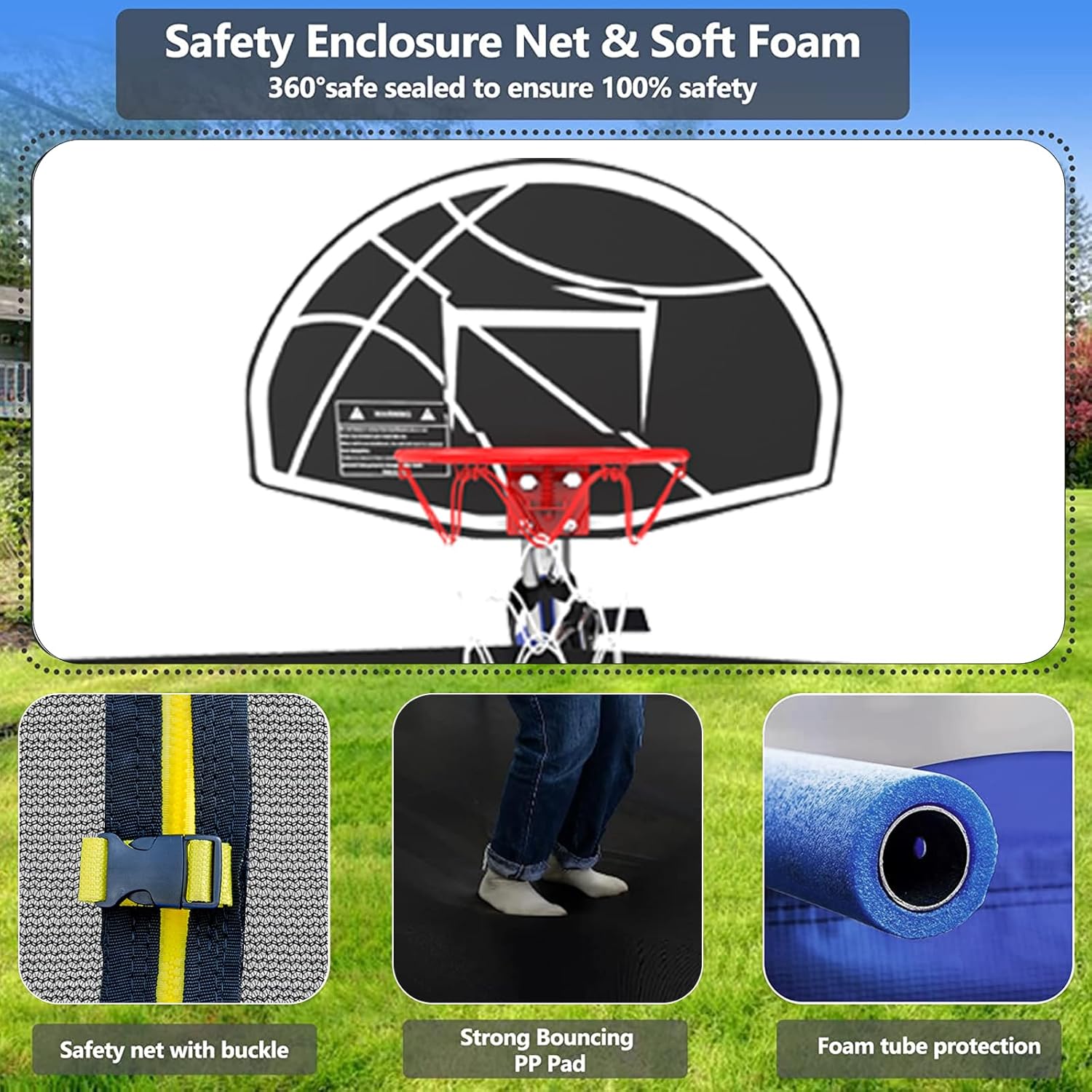 Upgraded Backyard Trampoline with Hoop, Light, Sprinkler, 8–14FT