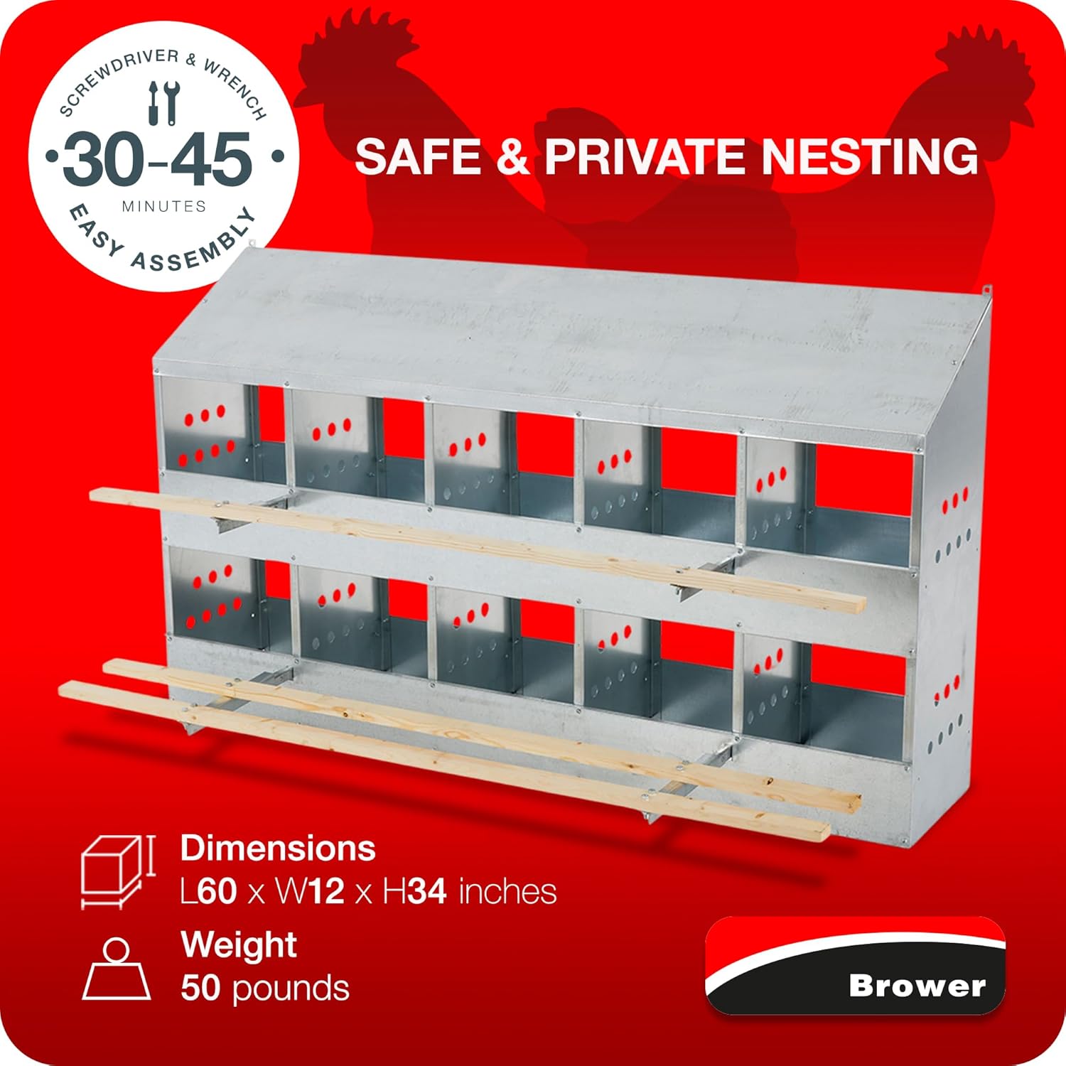 Brower 2-Tier 10-Hole Chicken Nesting Box, 50–60 Hen Capacity, Galvanized