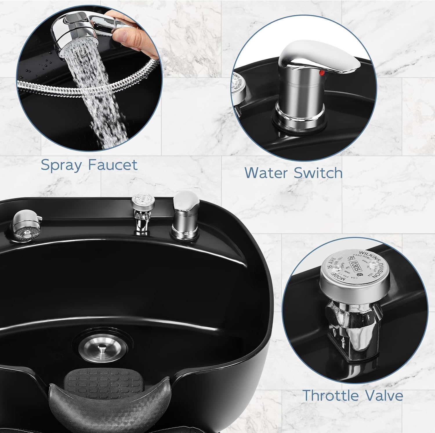 Salon Shampoo Bowl & Chair Set with Footstool, Black