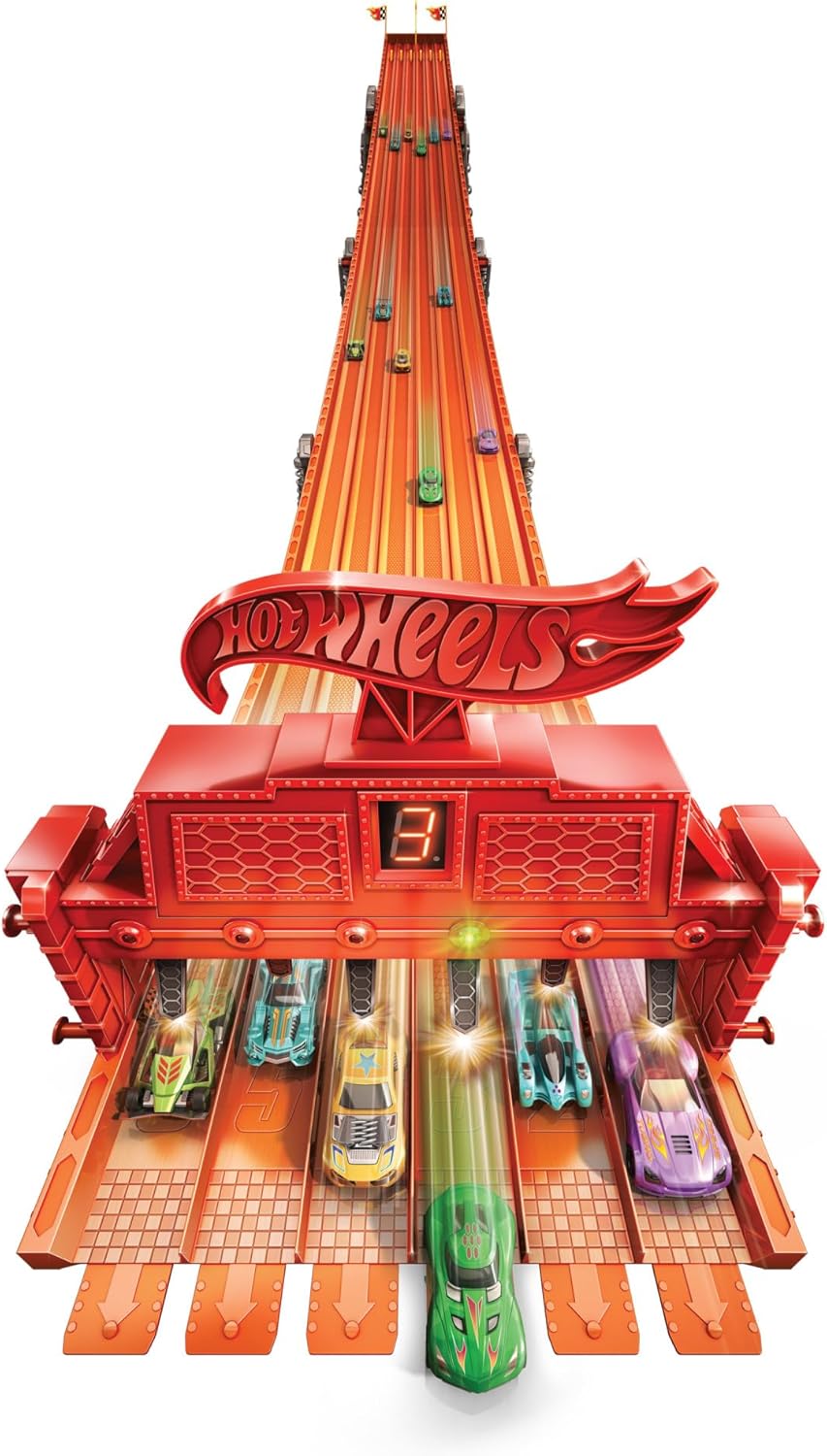 Hot Wheels Super 6-Lane Raceway Track Set, Lights & Sounds, 6 Cars