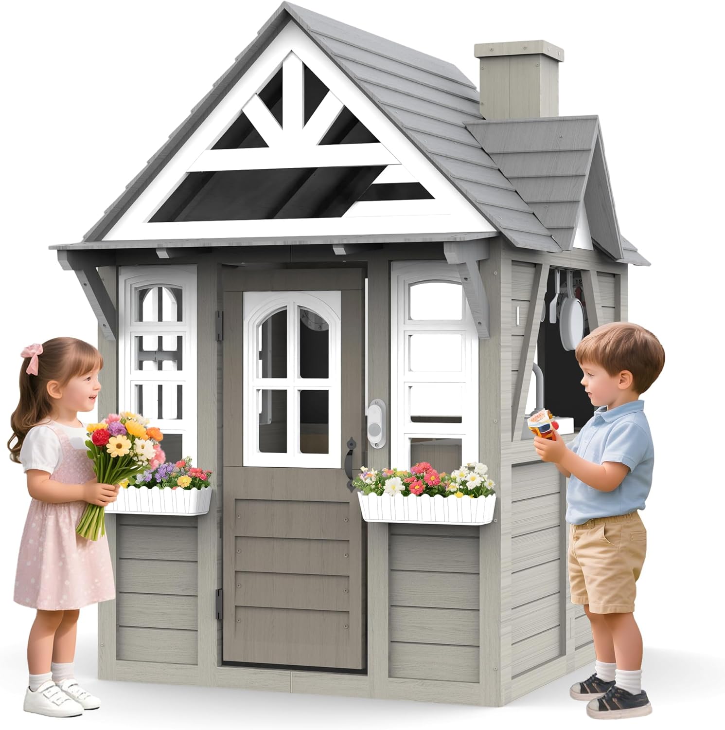 Kids Wooden Outdoor Playhouse with Kitchen & Accessories, Ages 3–8