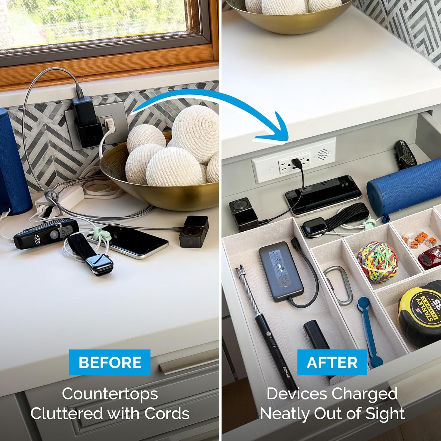 Docking Drawer Blade In-Drawer Outlet, USB-A & AC, Safety Shutoff, White