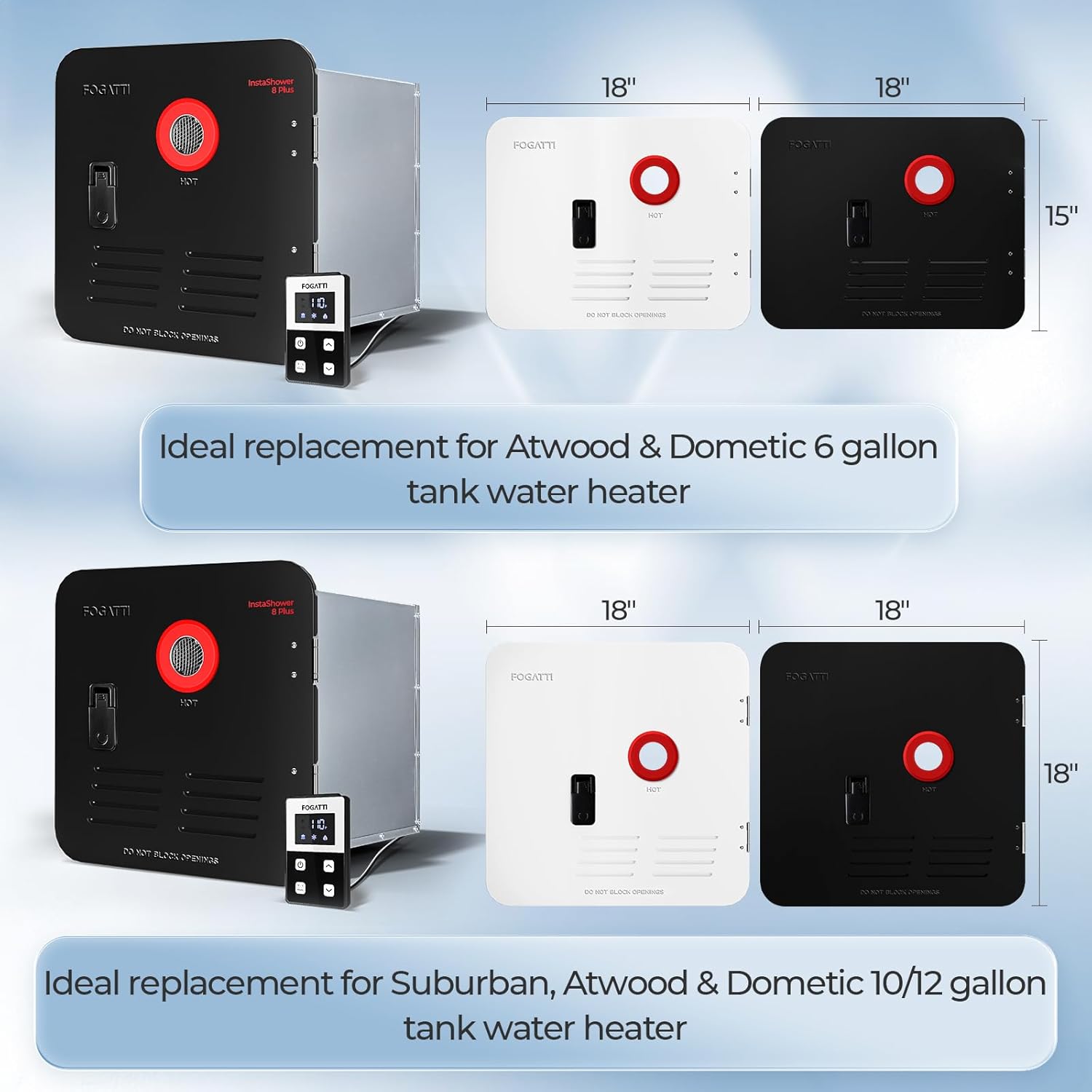 FOGATTI InstaShower 8 Plus RV Tankless Water Heater, Gen 2, 12V