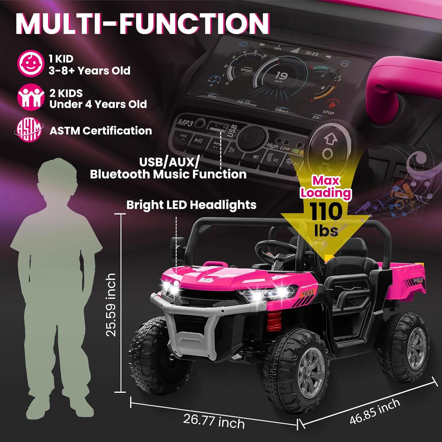 24V 4WD Ride-On Truck, 4x200W Motor, Dump Bed, Remote, Pink