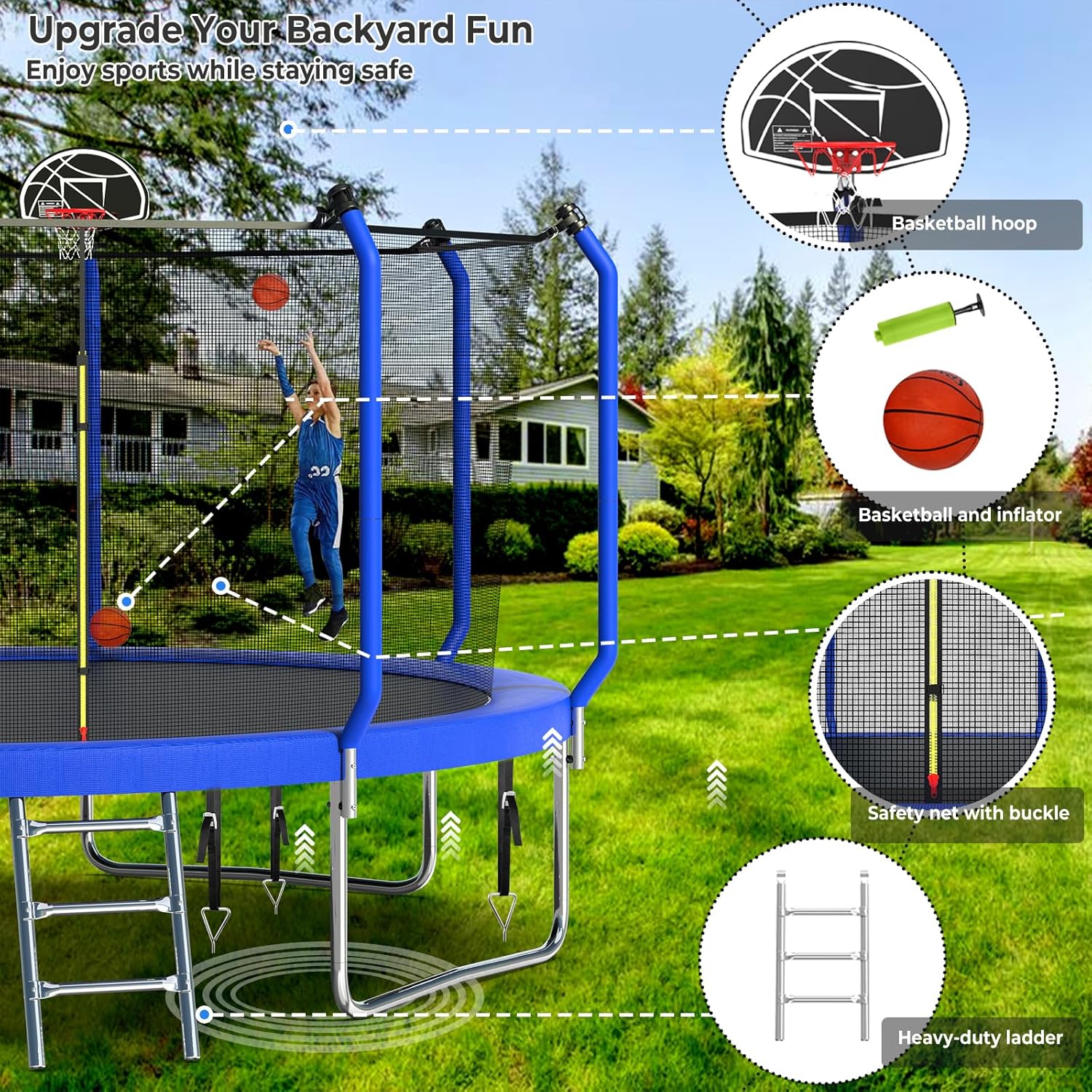 Upgraded Backyard Trampoline with Hoop, Light, Sprinkler, 8–14FT