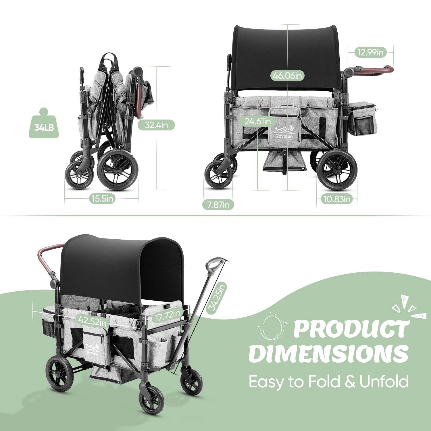 Wagon Stroller for 2 Kids, Canopy, Bassinet, Tray, All-Terrain Wheels