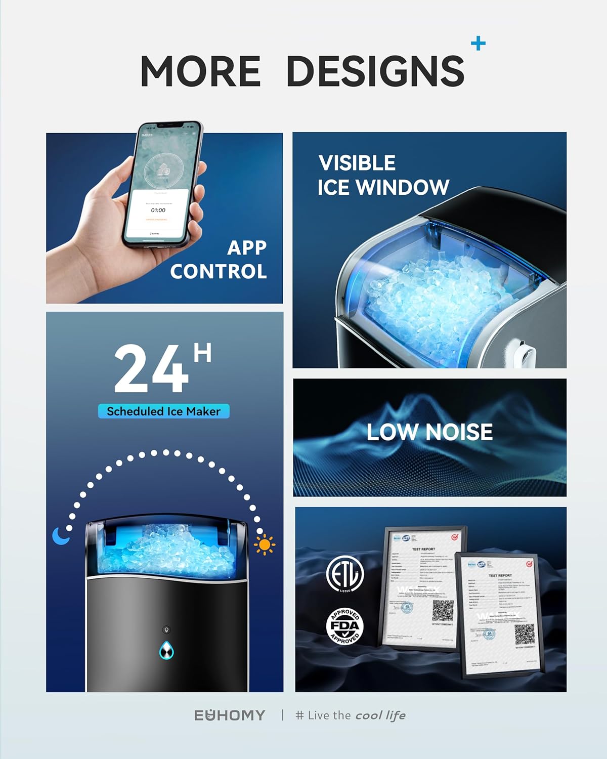 EUHOMY Smart Nugget Ice Maker, 40lbs/Day, APP Control, Countertop