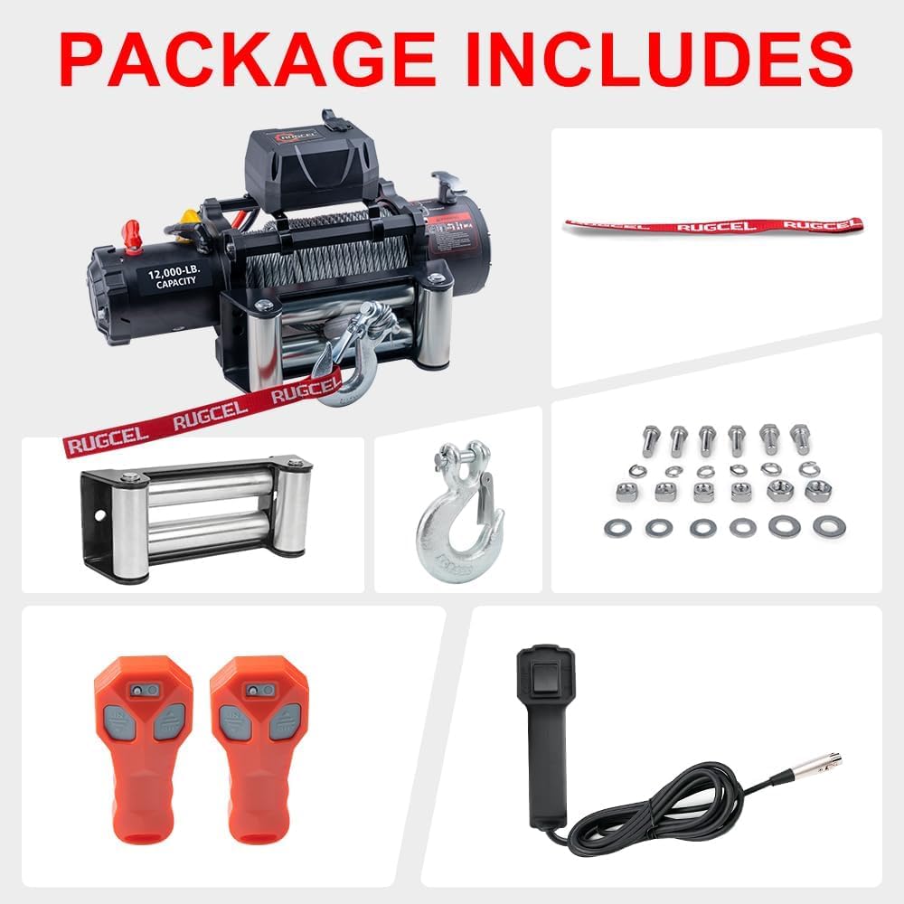 RUGCEL 12000lb Electric Winch, Steel Rope, Waterproof, 12V