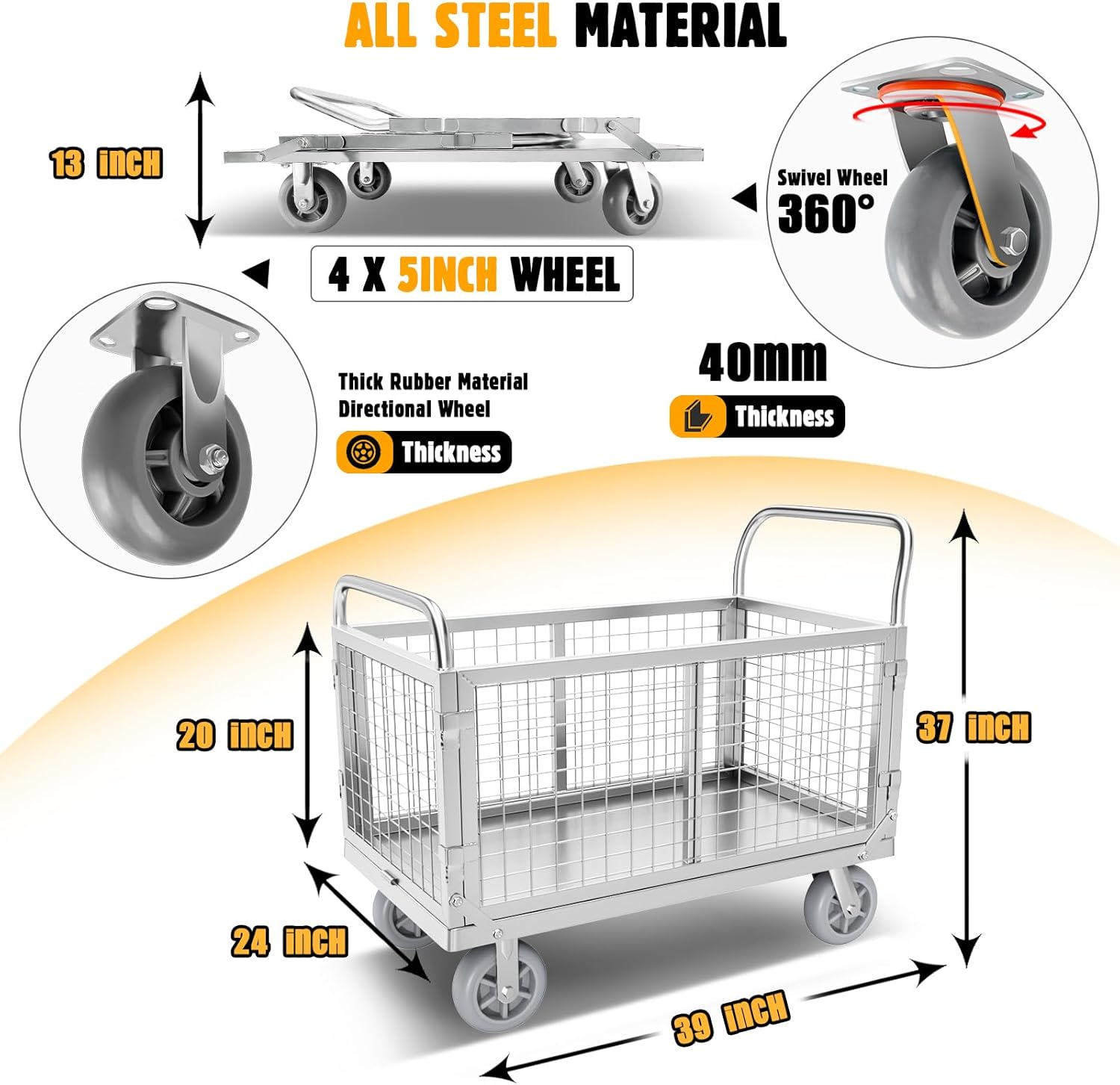 Platform Truck Cart with Cage, 6-in-1 Foldable Dolly, 1800lb Capacity