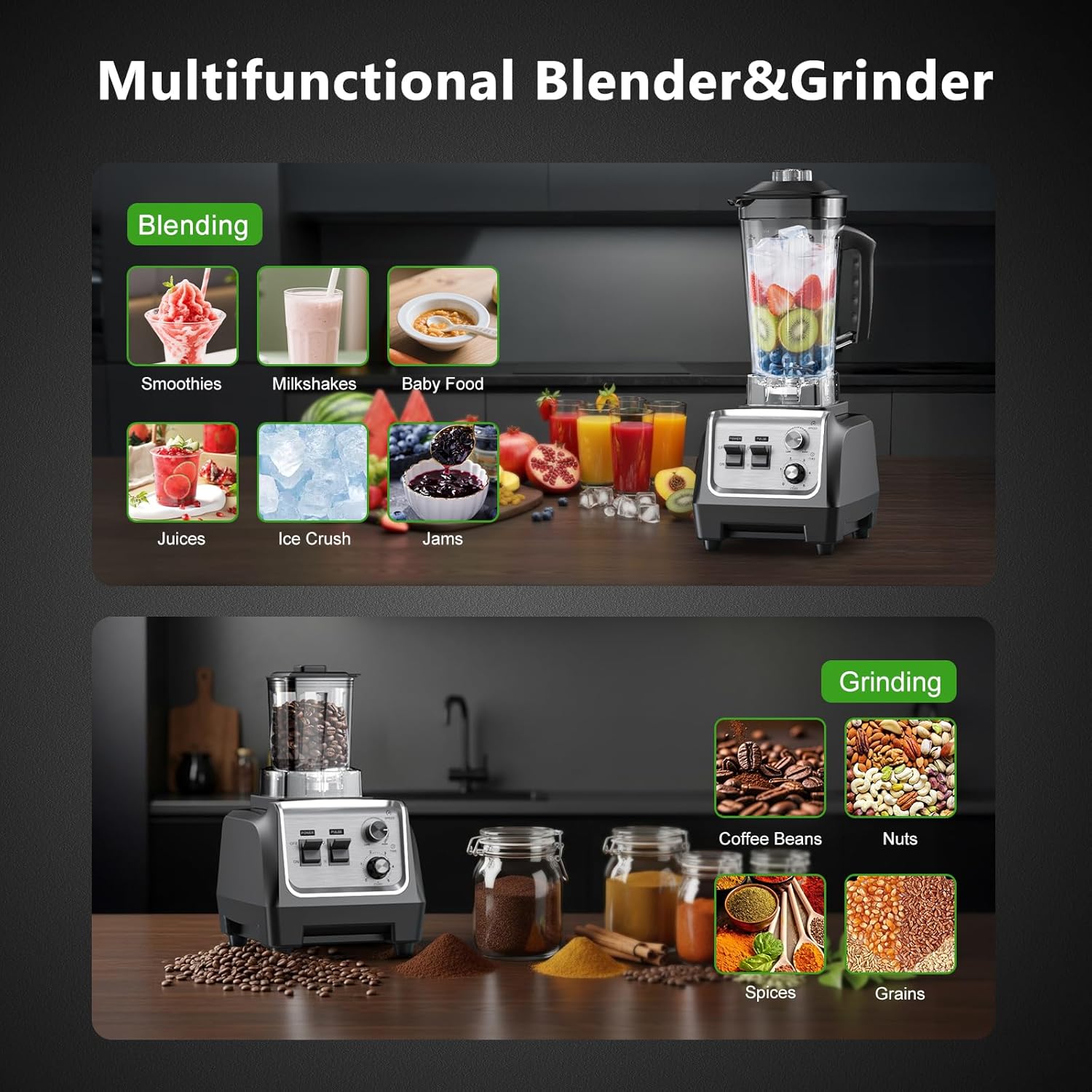 1800W Countertop Blender for Smoothies, 70oz, Ice Crush & Grinder