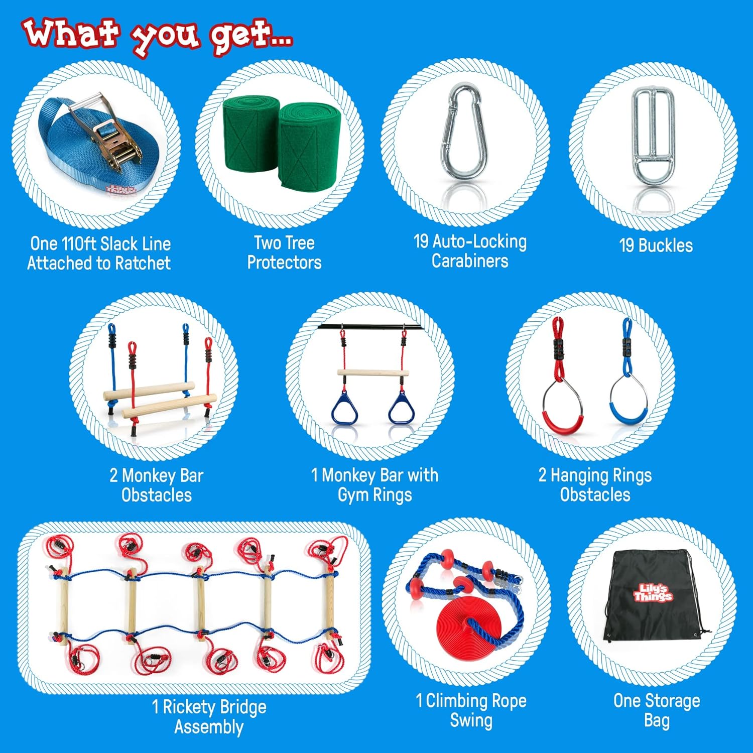 Double Slackline Ninja Obstacle Course, 110 Ft with Monkey Bars