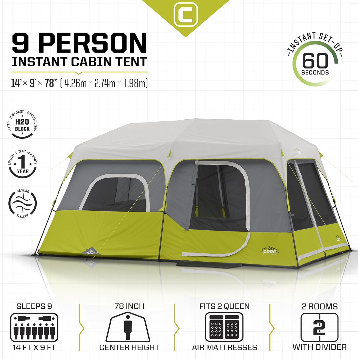 Core 9-Person Instant Cabin Tent, 14'x9', Green