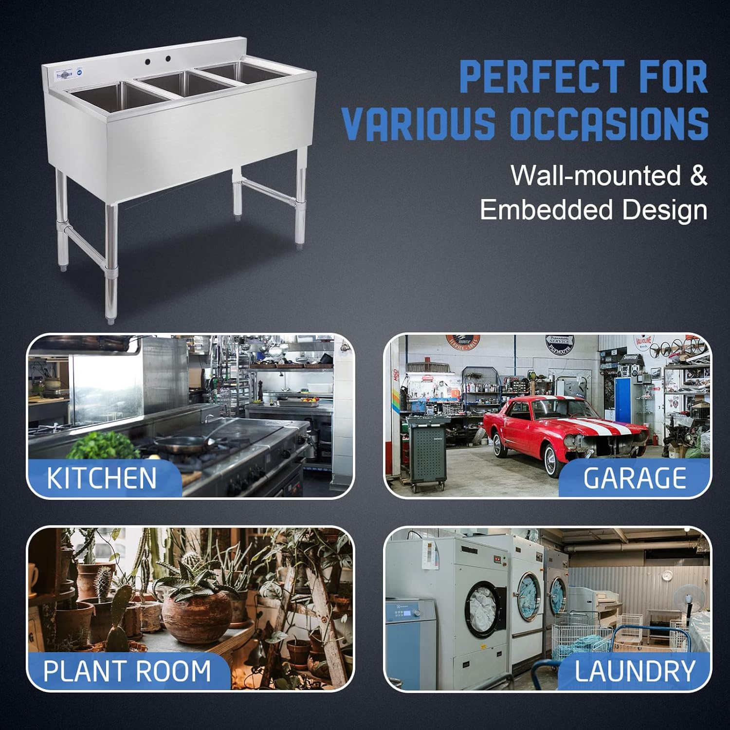 Profeeshaw NSF 3-Compartment Stainless Steel Sink, 10