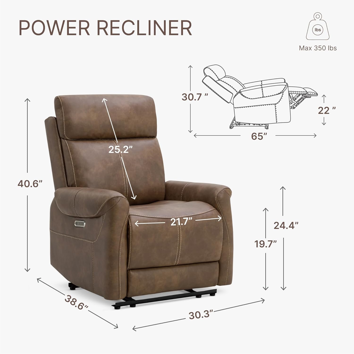 Leather Recliner Chair with USB, Wall Hugger, Electric Power