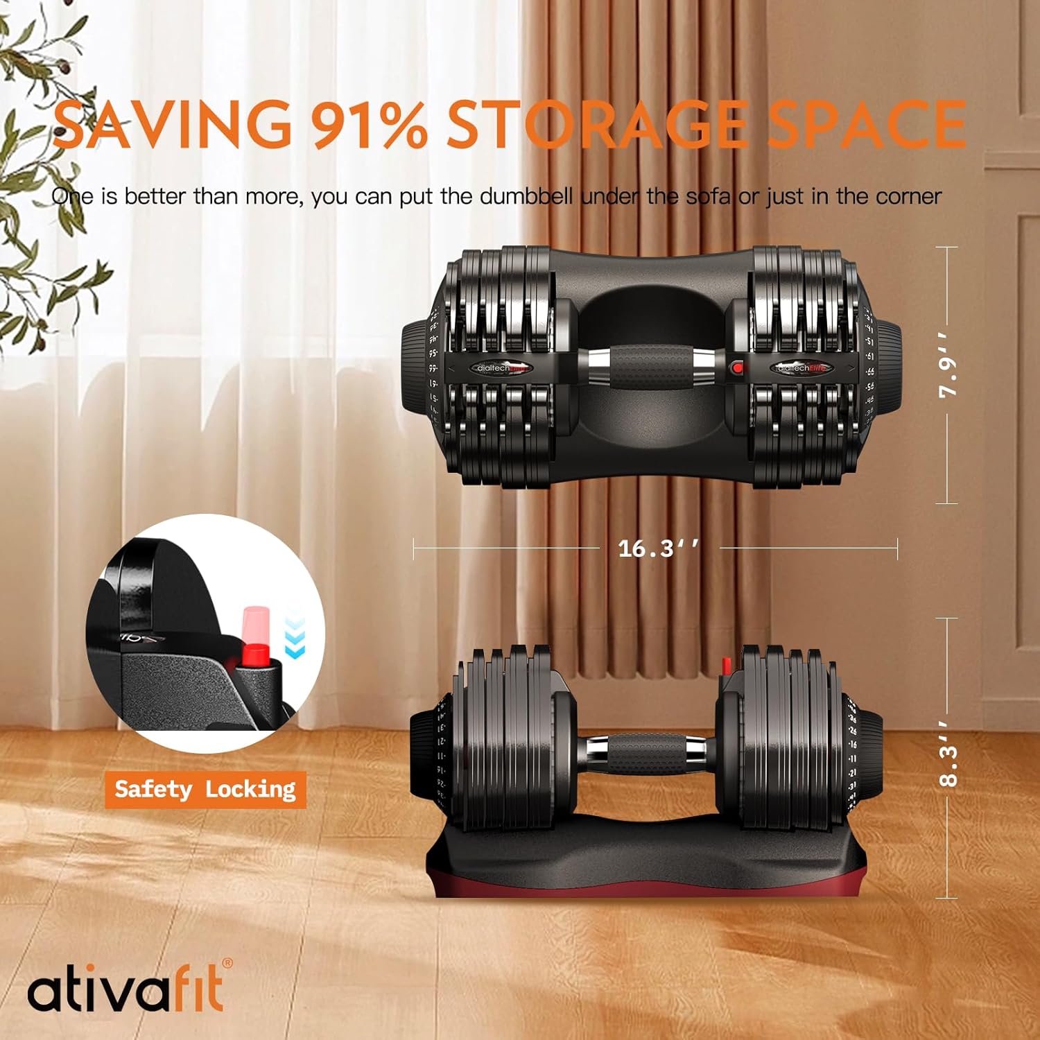 Ativafit Adjustable Dumbbell Set, 27.5–88lbs, Quick Dial, Space Saving