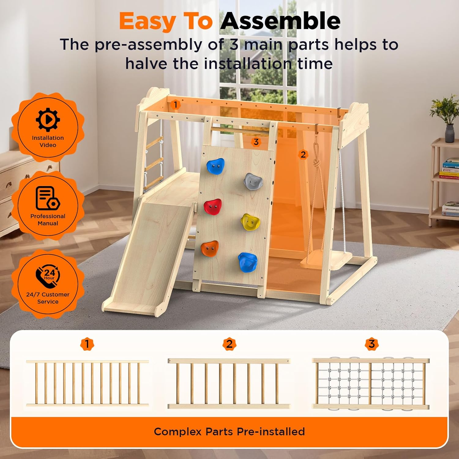 8-in-1 Indoor Wooden Jungle Gym with Slide, Swing & Monkey Bars