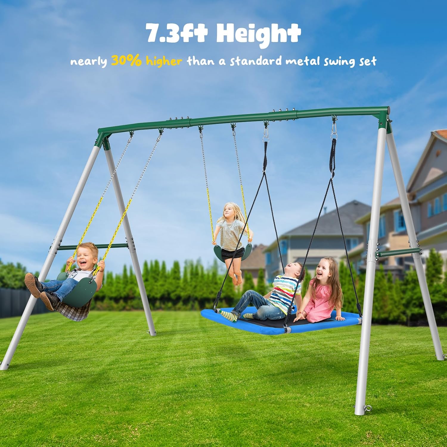 Hapfan 7.3ft Heavy Duty Swing Set with 3 Swings, Metal Frame