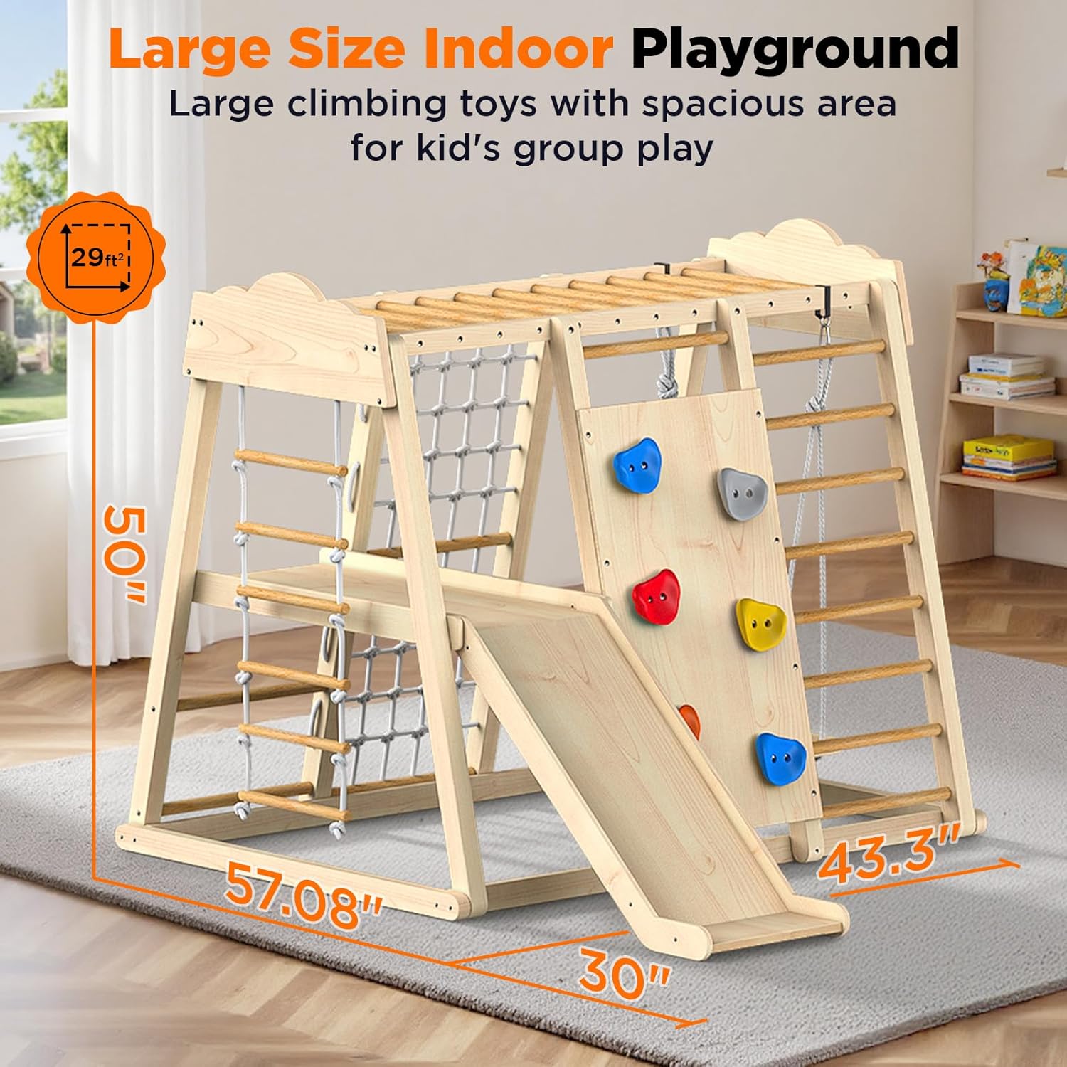 8-in-1 Indoor Wooden Jungle Gym with Slide, Swing & Monkey Bars
