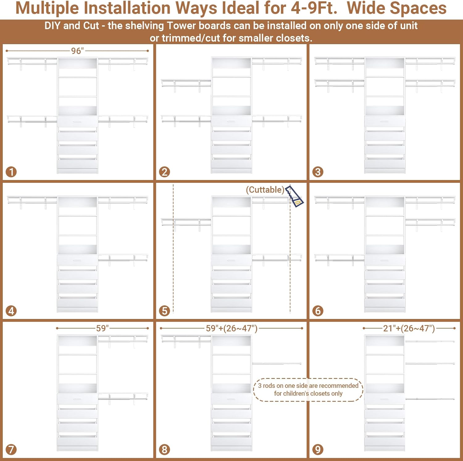 Aheaplus 8FT Closet System with 4 Drawers & Shelves, White
