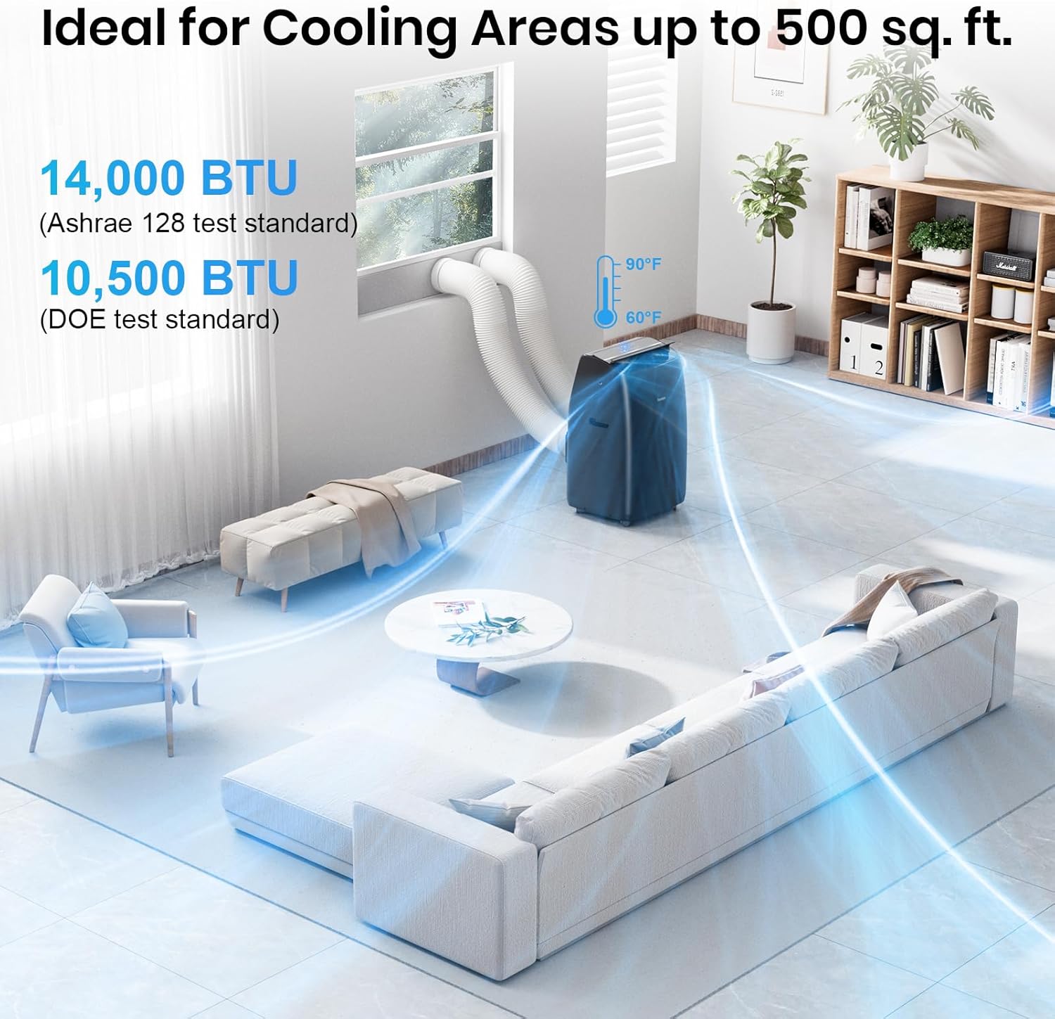 Dual Hose Portable Air Conditioner, 14,000BTU, 500 Sq.Ft, Black